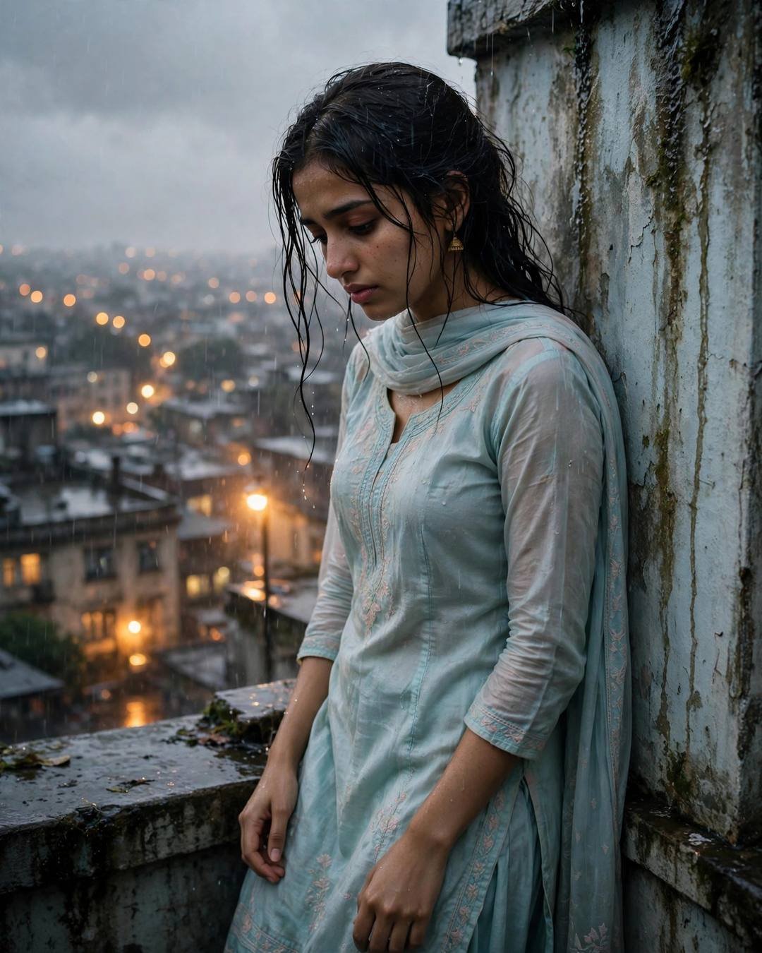 Sad Girl AI portrait: a young Indian woman in pastel salwar-kameez with dupatta, wet hair clinging softly — leaning against a weathered wall, head tilted down at rooftop overlooking sleeping city lights; drizzle, overcast afternoon with warm sodium streetlamp light