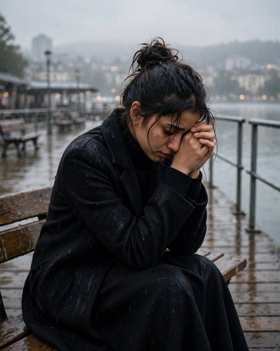 Sad Girl AI portrait: a young Indian woman in black turtleneck with long coat, messy bun with stray strands — sitting on station bench, elbows on knees, head in hands at quiet lake pier at dawn; light rain, overcast afternoon with rain-diffused city glow