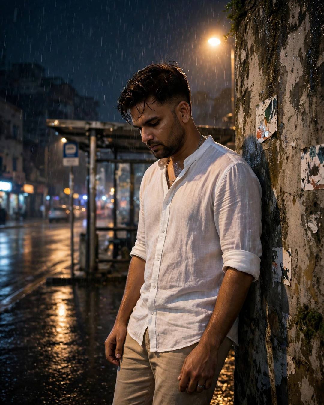 Steam from a food cart swirling thickly — Street Cinematic cinematic AI portrait: white linen shirt with rolled sleeves, beige trousers, windswept textured hair at bus stop in the rain, the city as film set, serene mood