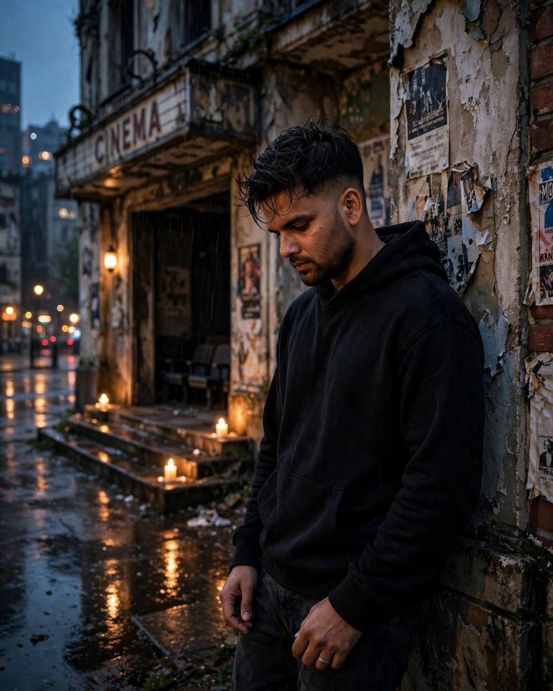 Chasing a drifting paper plane through a — Street Cinematic cinematic AI portrait: black oversized hoodie and dark jeans, windswept textured hair at abandoned cinema hall, the city as film set, tender mood