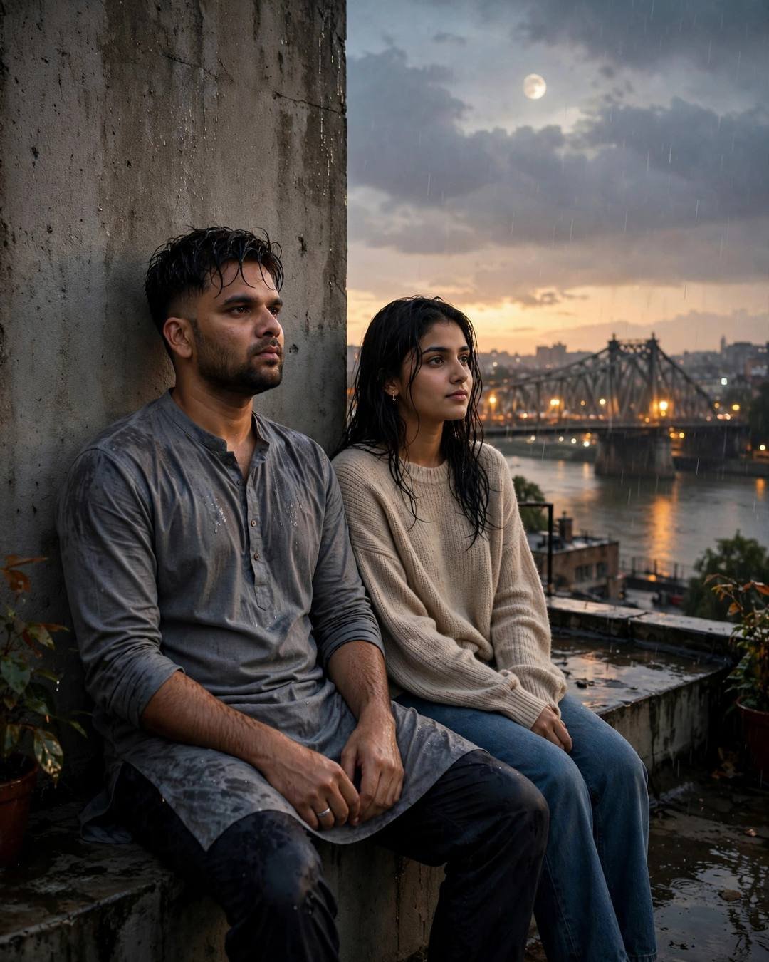 Sunset Couple AI portrait — Sharing earphones, watching the horizon melt, grey kurta with dark pajama, damp rain-wet hair, sitting on a rooftop, backs against the wall, sharing silence at bridge over a slow river