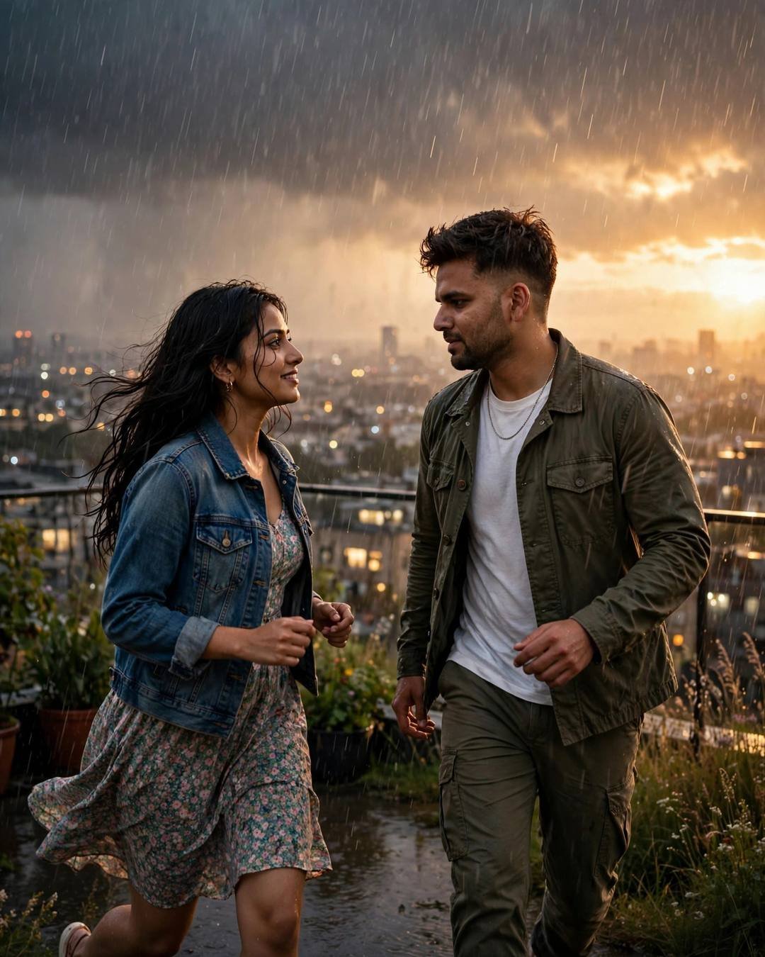Sunset Couple AI portrait — Their shadows merging on warm sand, olive field jacket, white tee, cargo pants, towel-dried tousled hair, running toward each other across a sunlit field at rooftop overlooking sleeping city lights