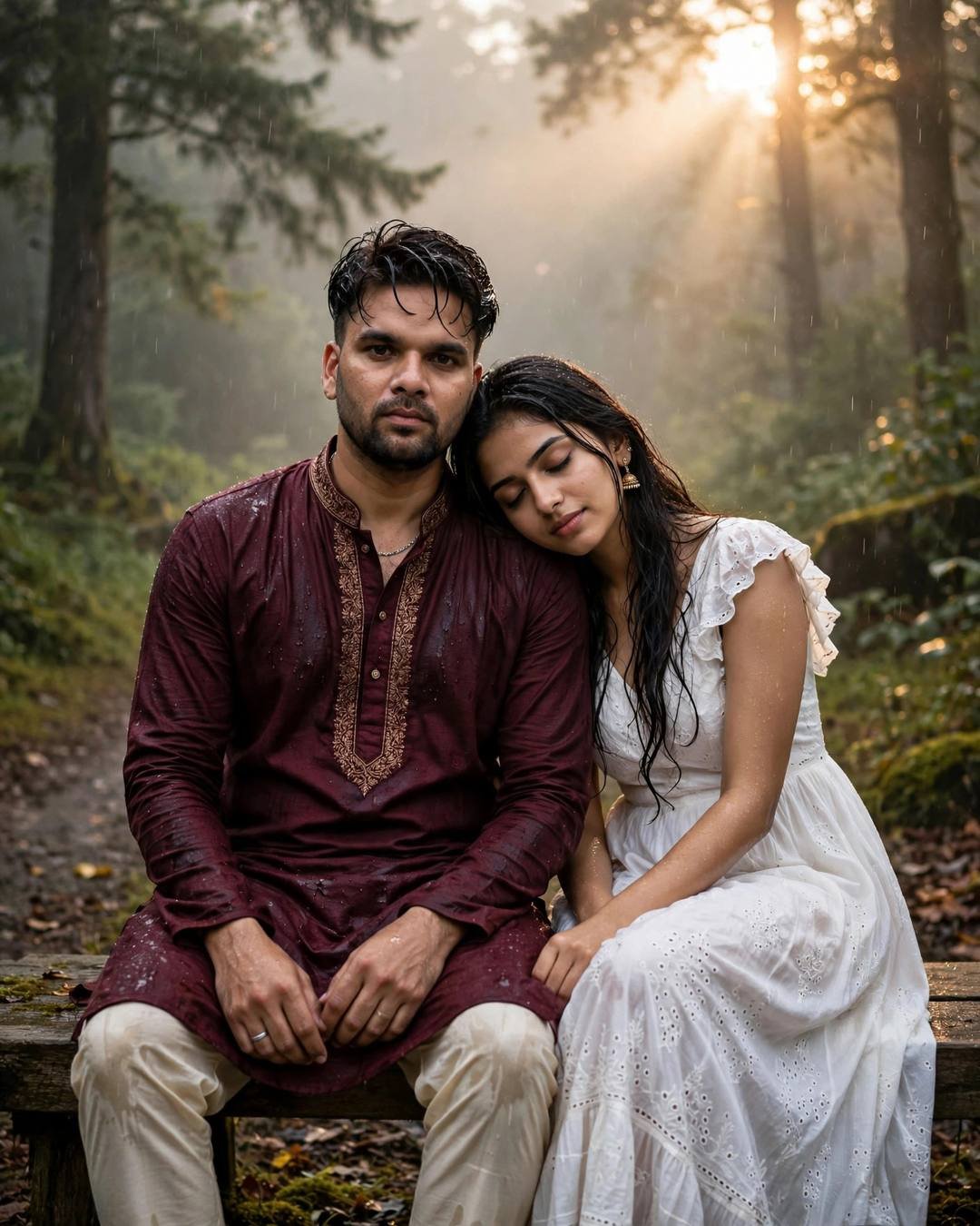 A mirror-work dupatta catching the warm golden — Traditional Couple cinematic AI portrait: maroon kurta with cream churidar, damp rain-wet hair at misty forest path, heritage in love, aching mood