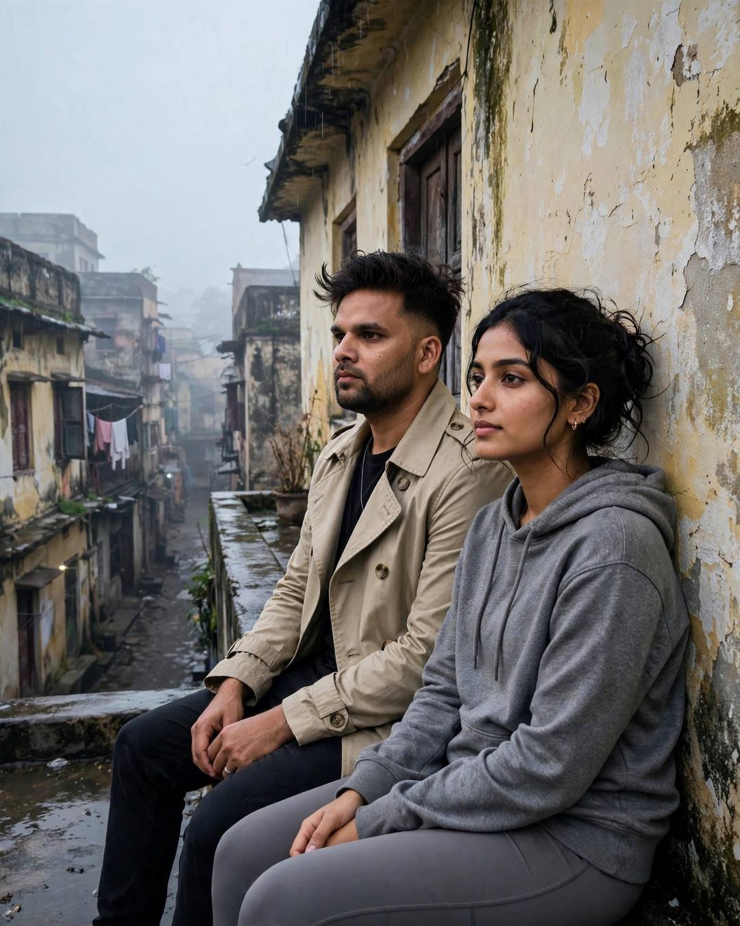 Feeding each other sweet meetha paan right — Traditional Couple cinematic AI portrait: beige trench coat over dark layers, windswept textured hair at narrow old-city lane with peeling walls, heritage in love, bittersweet mood