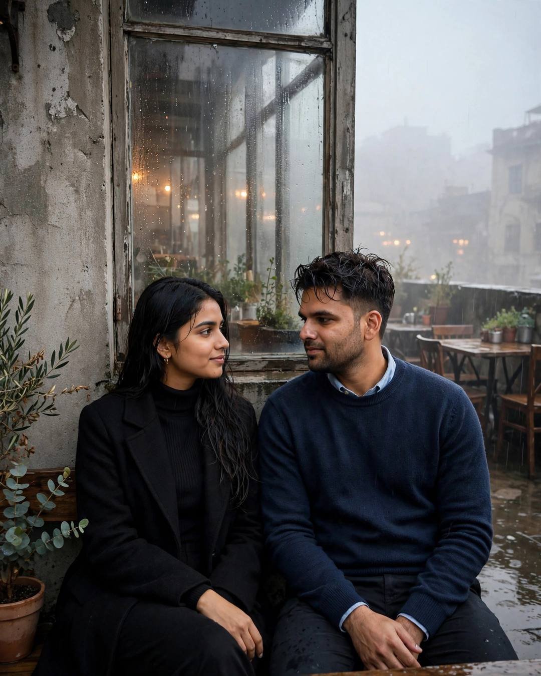 Young Indian couple sitting by a fogged cafe window on a rooftop at dawn, exchanging a look