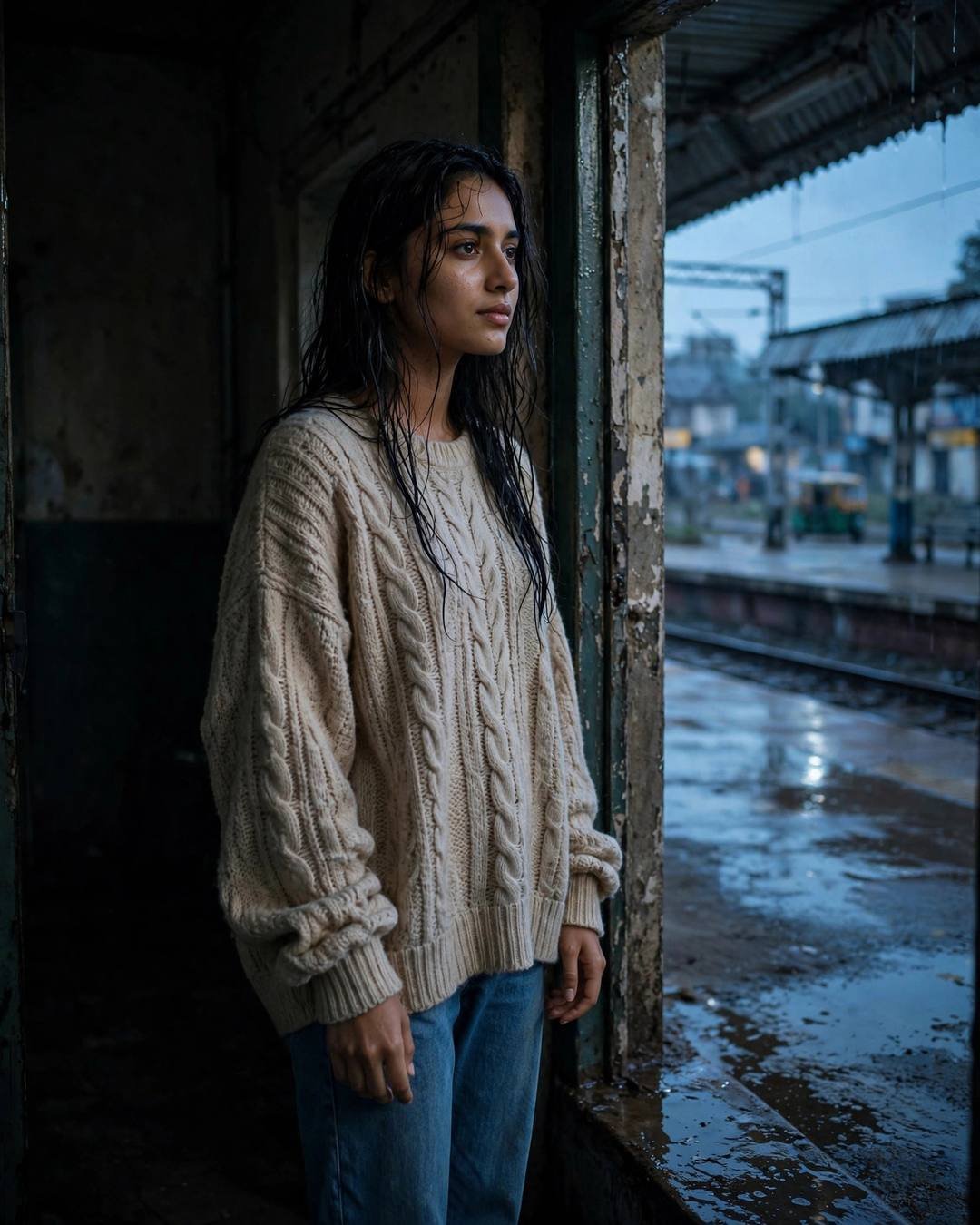 Young Indian woman in a beige sweater standing in a railway platform doorway at blue hour