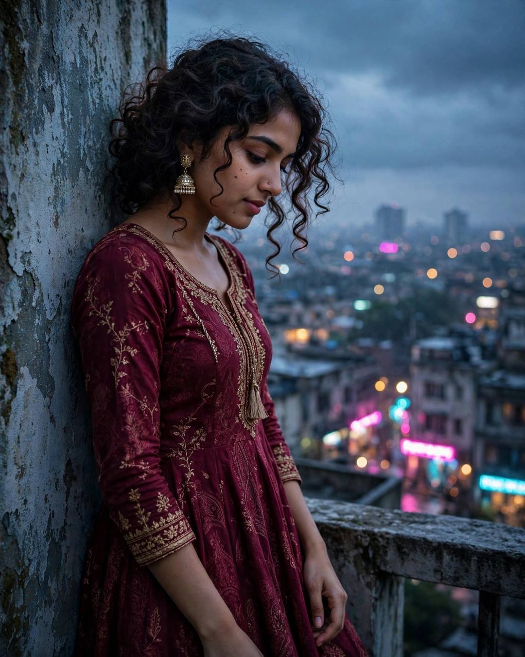 Young Indian woman in a maroon anarkali with jhumkas leaning on a rooftop wall above city lights at blue hour