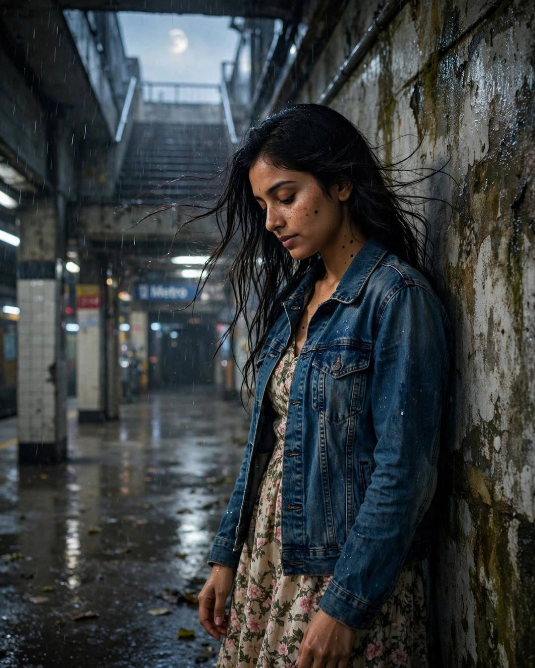 Young Indian woman in a denim jacket and floral dress leaning on a wall at a rainy metro station at night