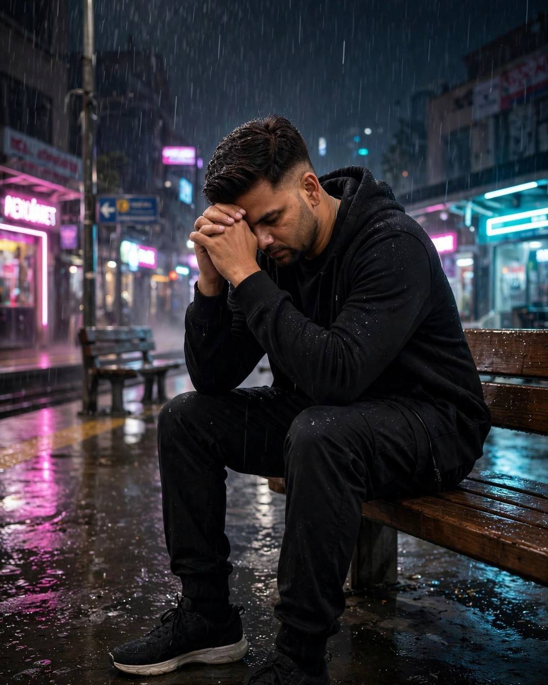 Man in all-black streetwear sitting on a bench in midnight rain with neon pink and cyan reflections