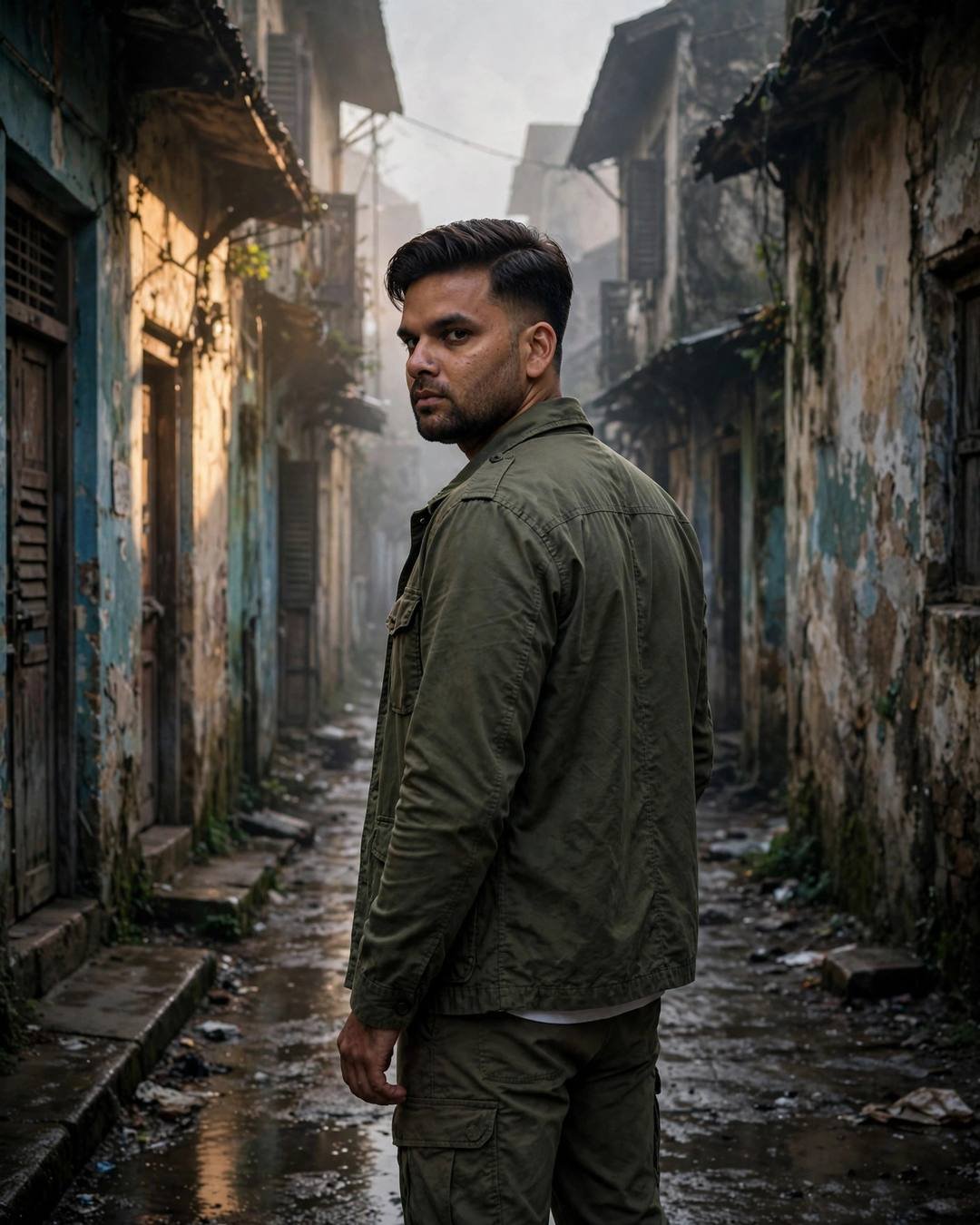 Black hoodie in a neon alley — Black Outfit portrait, olive field jacket, cinematic mood photography