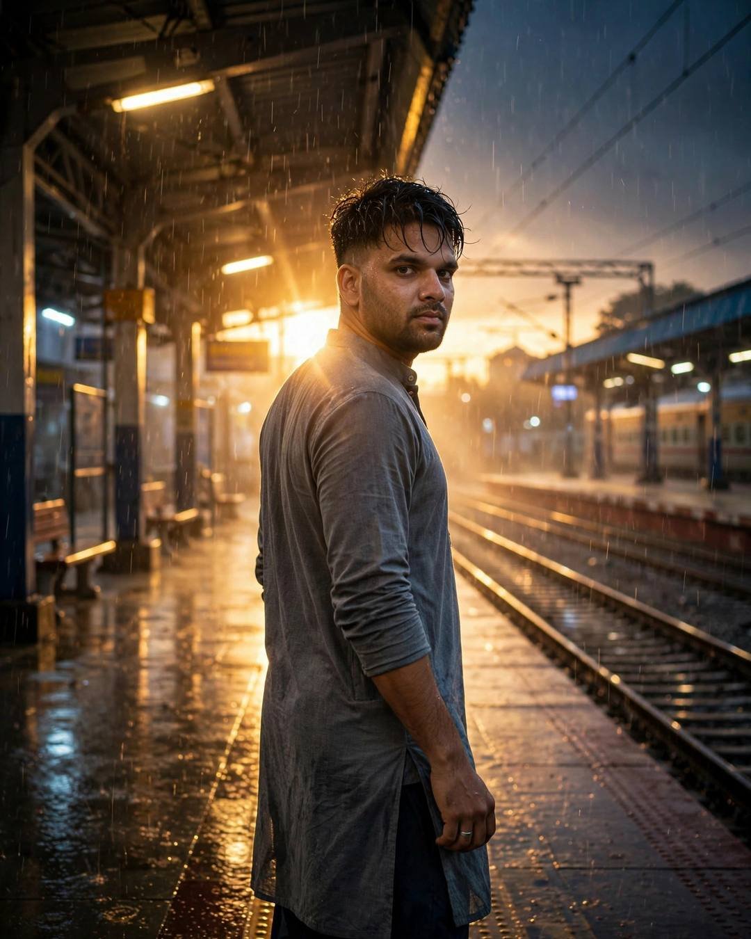 Matte black sherwani with pearl buttons gleaming — Black Outfit portrait, grey kurta with dark pajama, cinematic mood photography