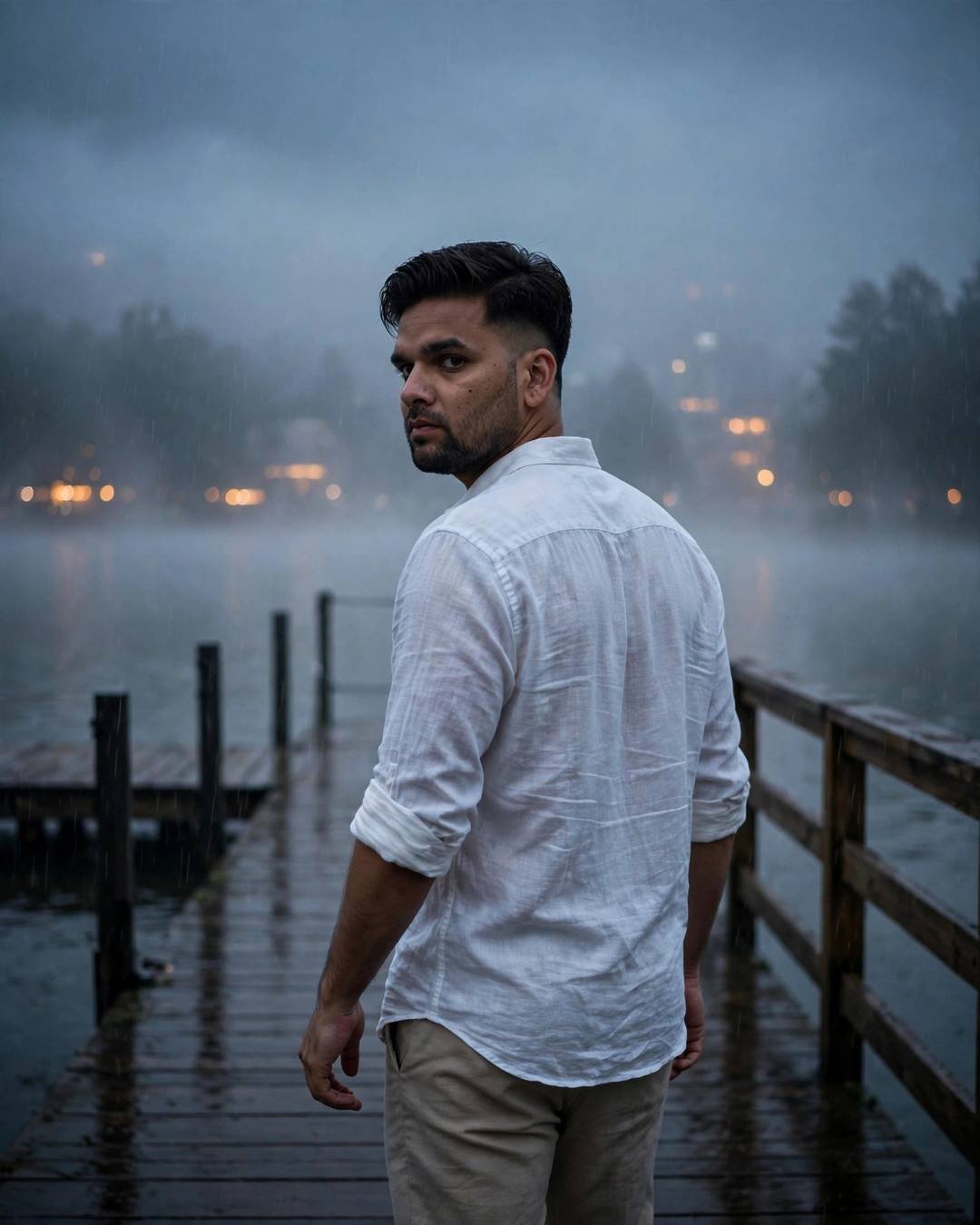 Black dhoti-kurta standing barefoot on the wet — Black Outfit portrait, white linen shirt with rolled sleeves, cinematic mood photography
