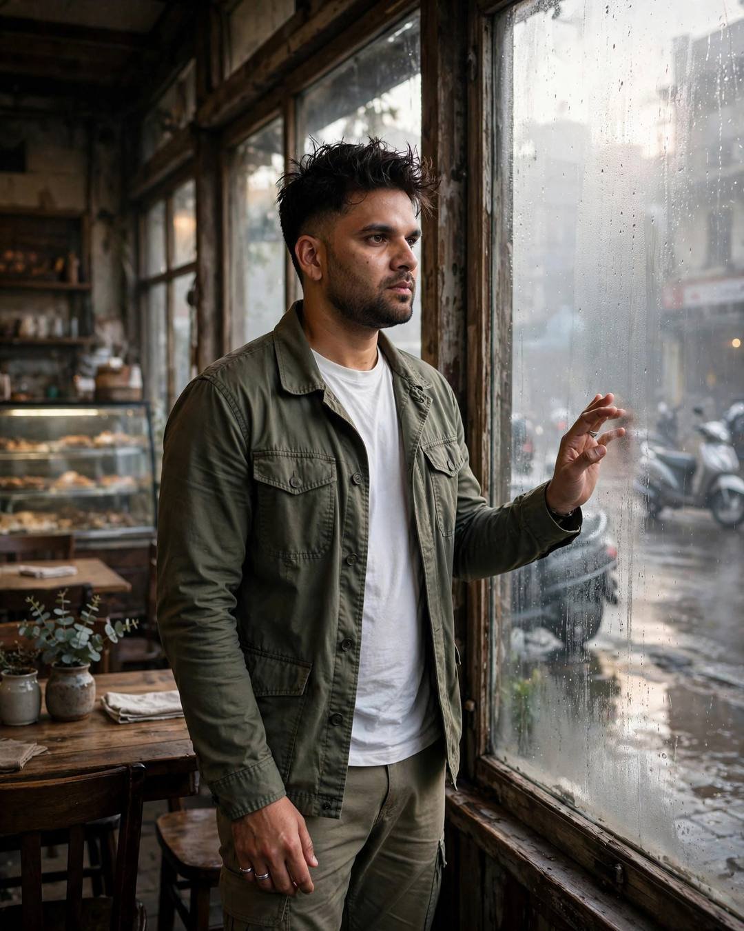 Black turtleneck beneath a lonely streetlamp on — Black Outfit portrait, olive field jacket, cinematic mood photography