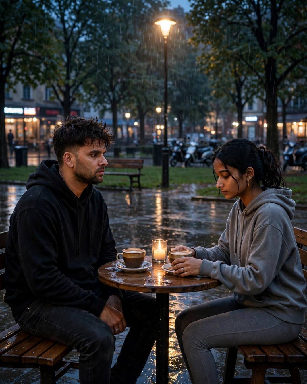 One final walk to the metro, no — couple portrait at park bench under a lone lamp, black oversized hoodie and dark jeans, slightly messy morning hair, becoming strangers, aching mood, cinematic AI photo