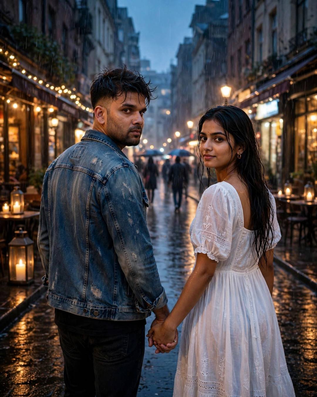Locking their favourite cafe's door from outside, — couple portrait at rain-soaked city street, distressed denim jacket over black tee, towel-dried tousled hair, becoming strangers, passionate mood, cinematic AI photo