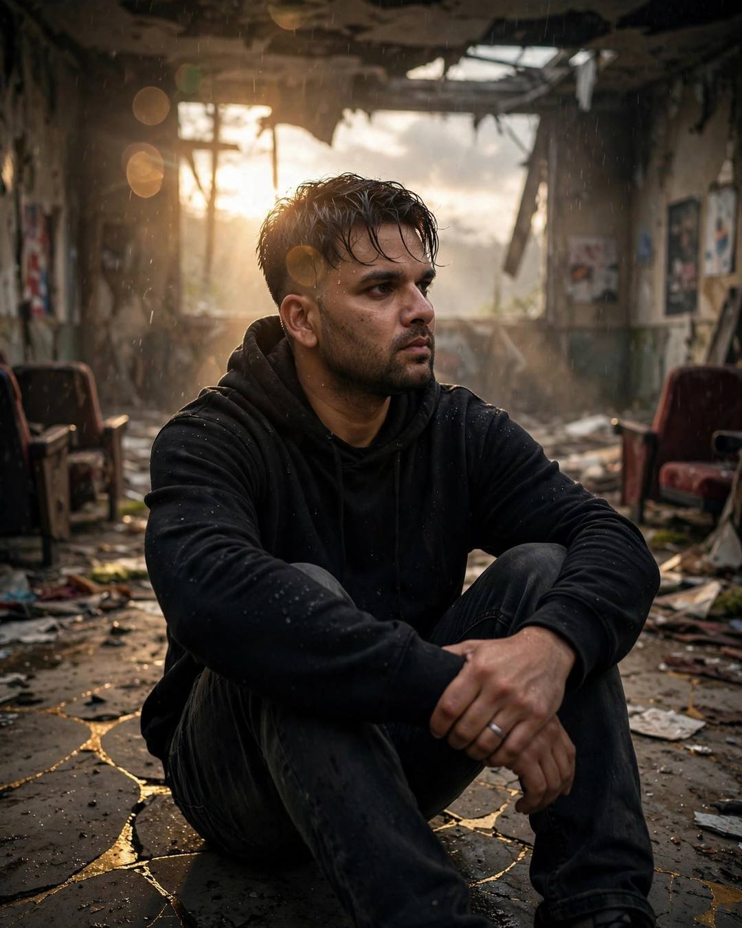 Burning old letters, watching the sunrise — Broken but Strong cinematic AI photo, black oversized hoodie and dark jeans, damp rain-wet hair, sitting with knees drawn up, arms wrapped around legs at abandoned cinema hall; overcast gloom, overcast afternoon with golden-hour backlight with lens flare