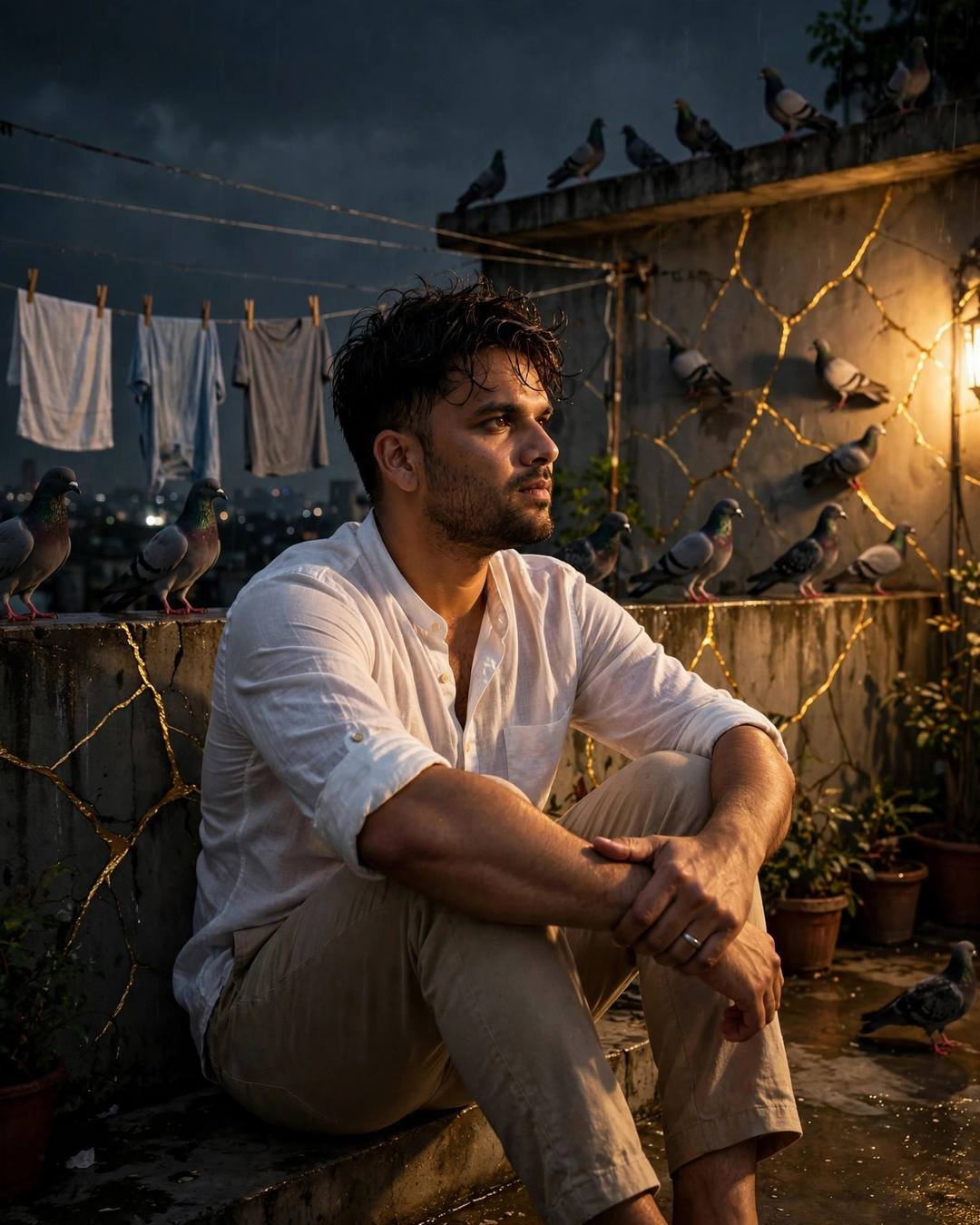 A quiet fresh start written clearly across — Broken but Strong cinematic AI photo, white linen shirt with rolled sleeves, beige trousers, towel-dried tousled hair, sitting with knees drawn up, arms wrapped around legs at terrace with drying clothes lines and pigeons; overcast gloom, midnight with dramatic single-source side light