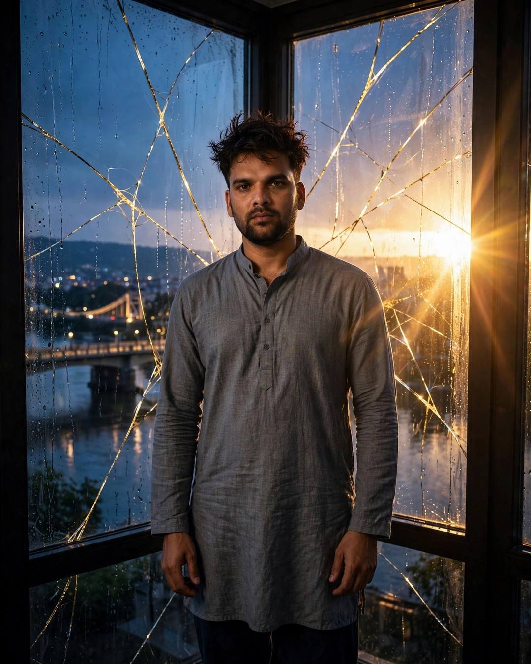 A new haircut, a new resolve — Broken but Strong cinematic AI photo, grey kurta with dark pajama, slightly messy morning hair, standing at a rain-streaked window, one hand on the glass at bridge over a slow river; clear cold night, blue hour with golden-hour backlight with lens flare