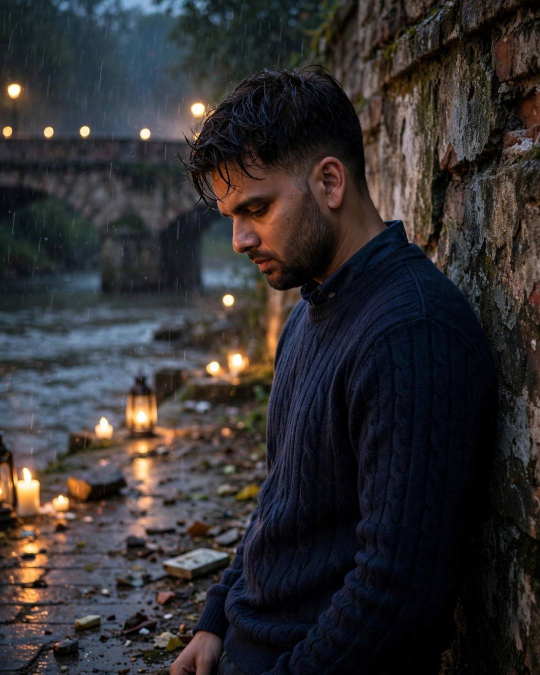 Smashing a clay diya she once gifted — Broken Heart AI portrait, navy sweater over collared shirt, towel-dried tousled hair, at a weathered wall by a bridge over a slow river
