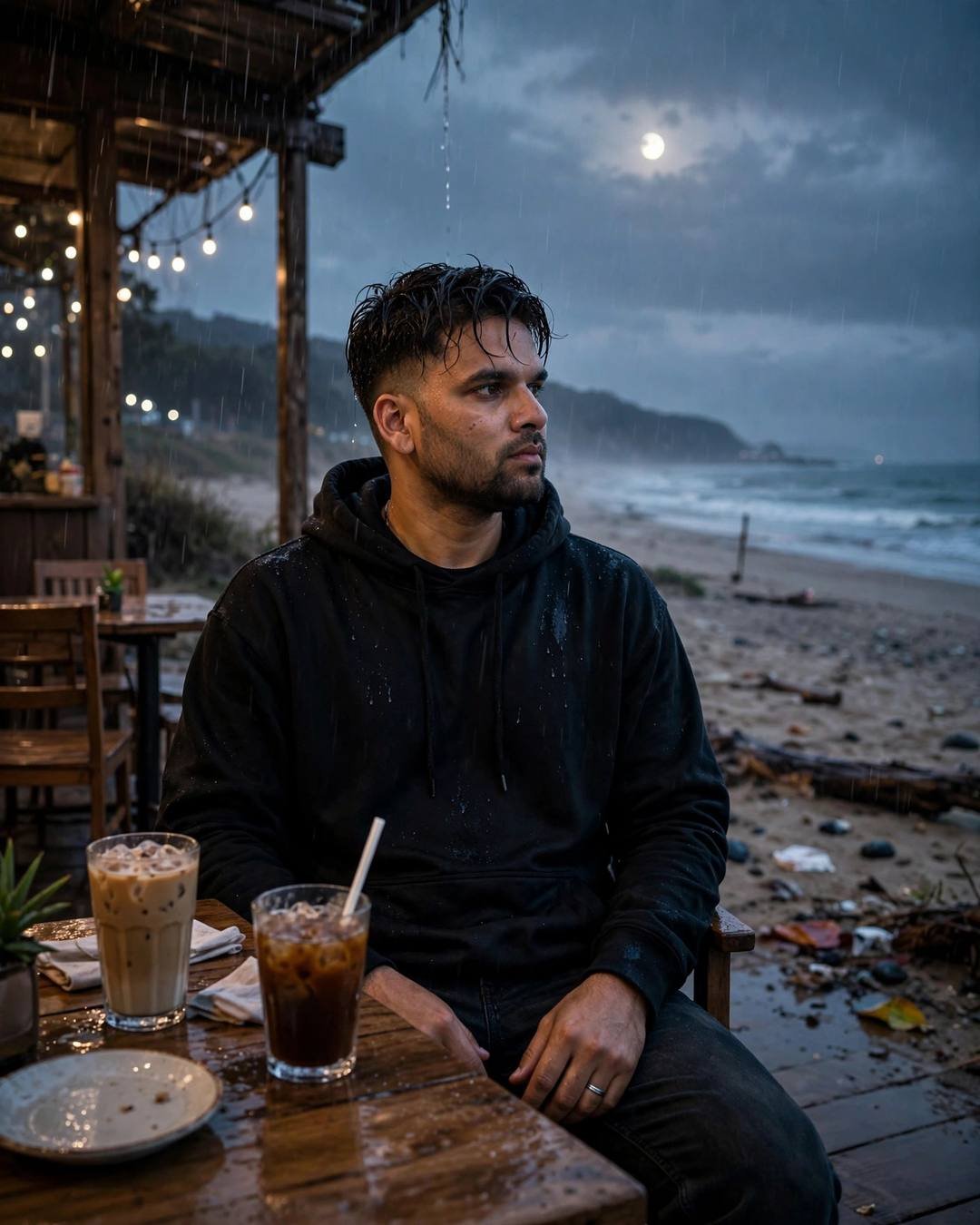Sitting among scattered gifts he can't return — Broken Heart AI portrait, black oversized hoodie and dark jeans, damp rain-wet hair, at a beach cafe table at dusk