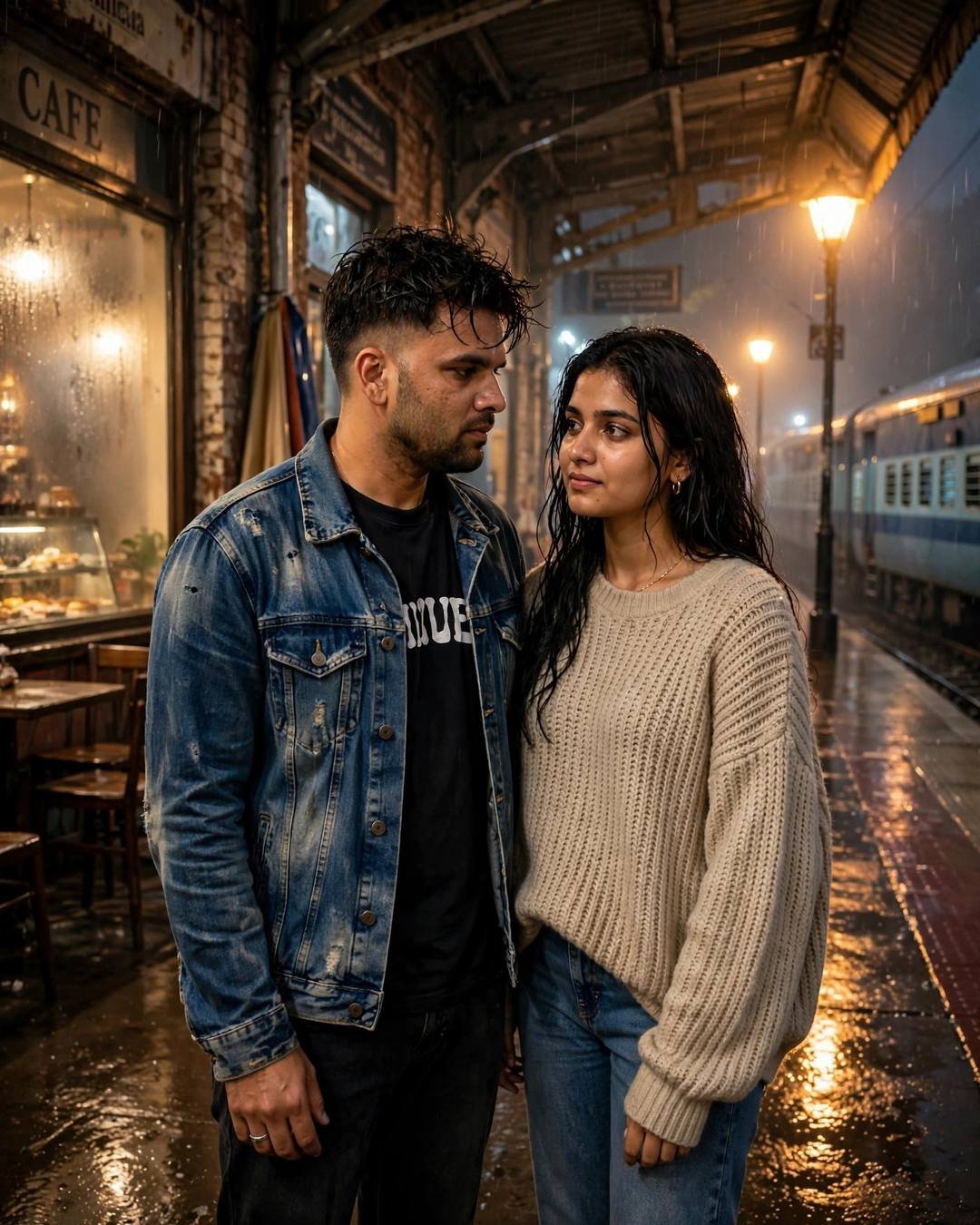 Her reading to him from a novel — Café Couple portrait, distressed denim jacket over black tee, cinematic mood photography