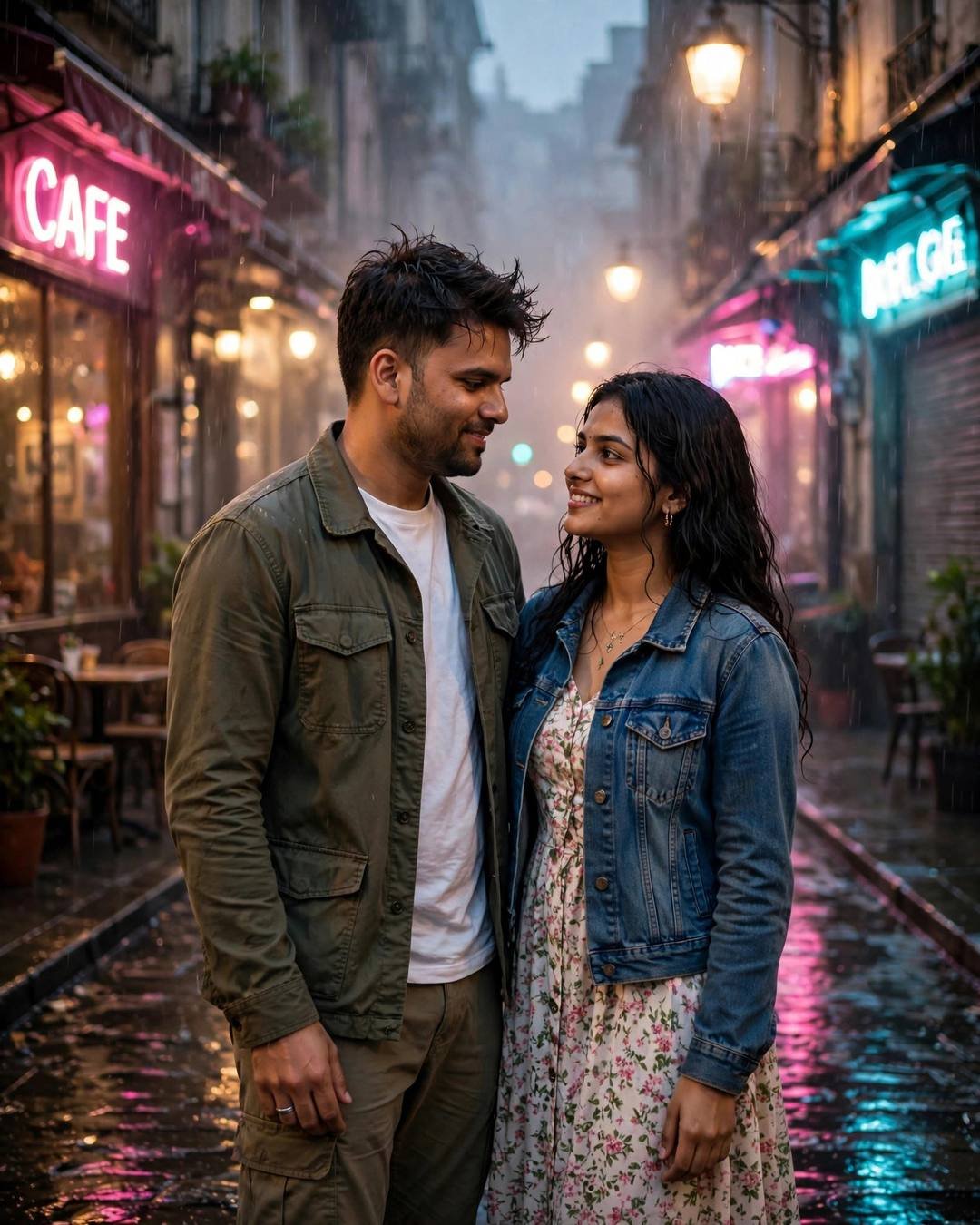 Couple smiling at each other in a rainy neon-lit street by a cafe, man in olive field jacket and woman in denim jacket over floral dress