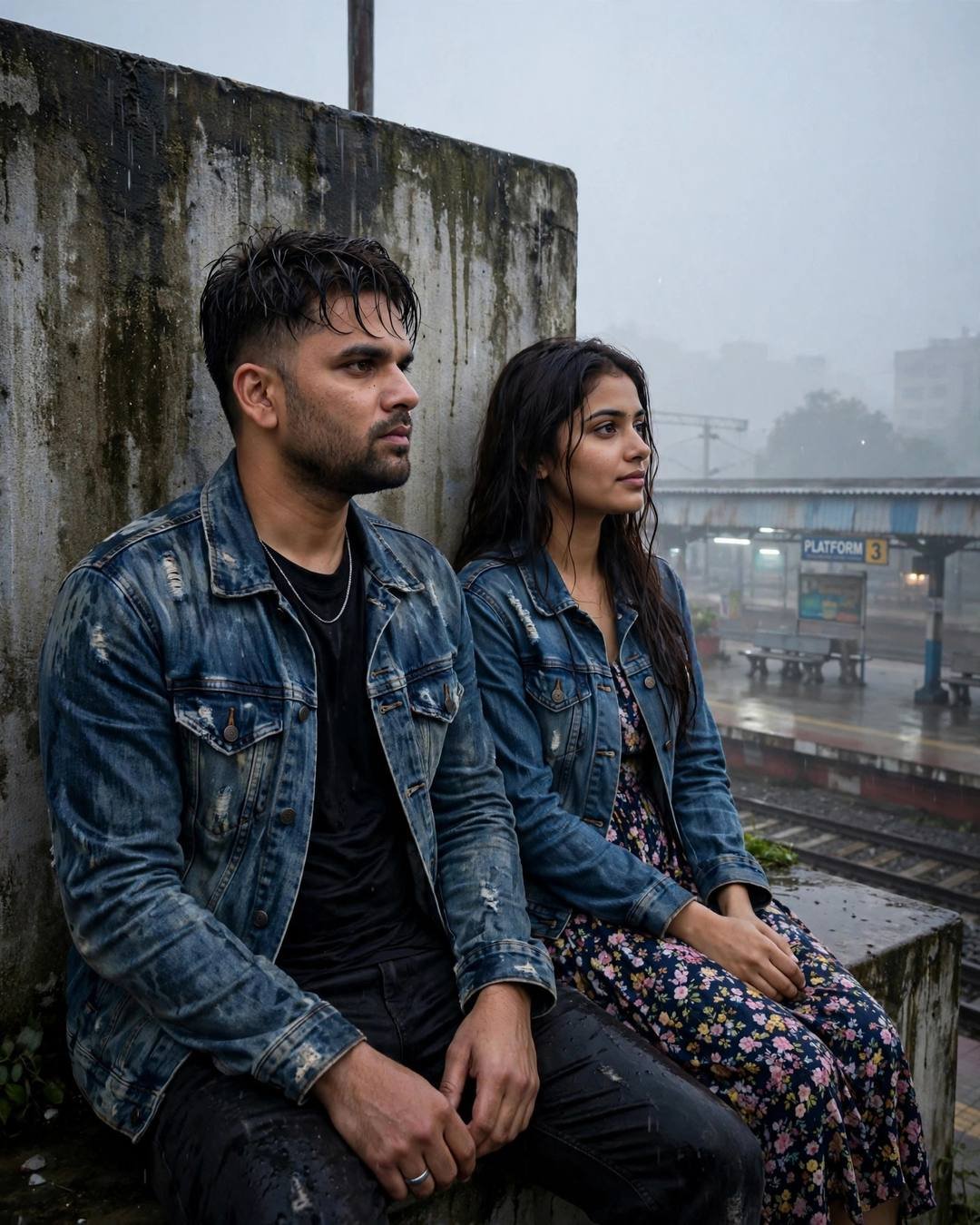 Couple in matching denim jackets sitting against a weathered wall overlooking a foggy empty railway platform in the rain