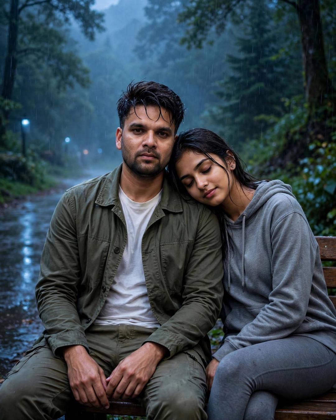 Couple sitting close on a bench on a misty forest path at blue hour, man in olive field jacket and woman in grey hoodie resting her head on his shoulder