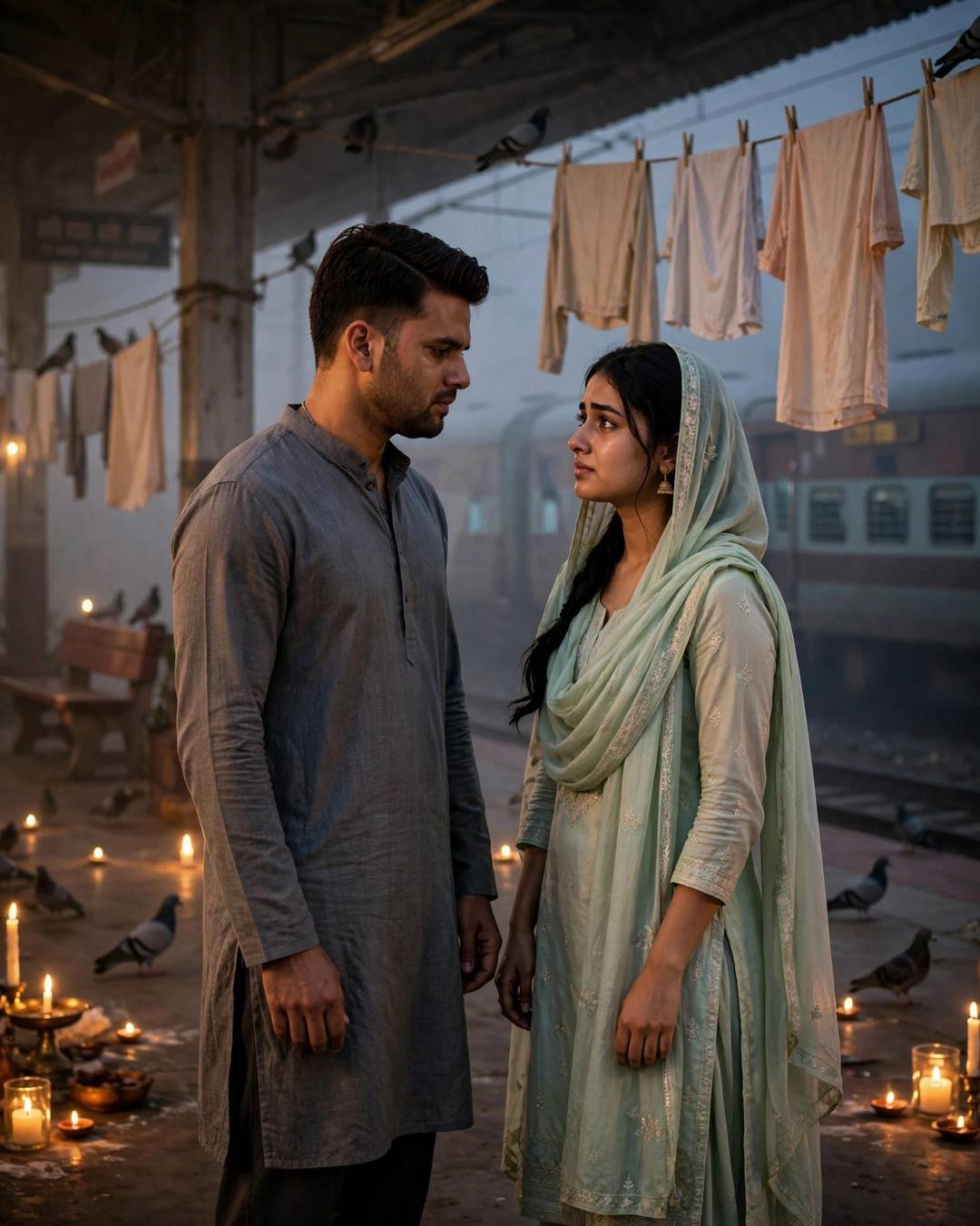 Man in grey kurta and woman in pastel salwar-kameez facing each other on a foggy terrace with clothes lines, pigeons and candles
