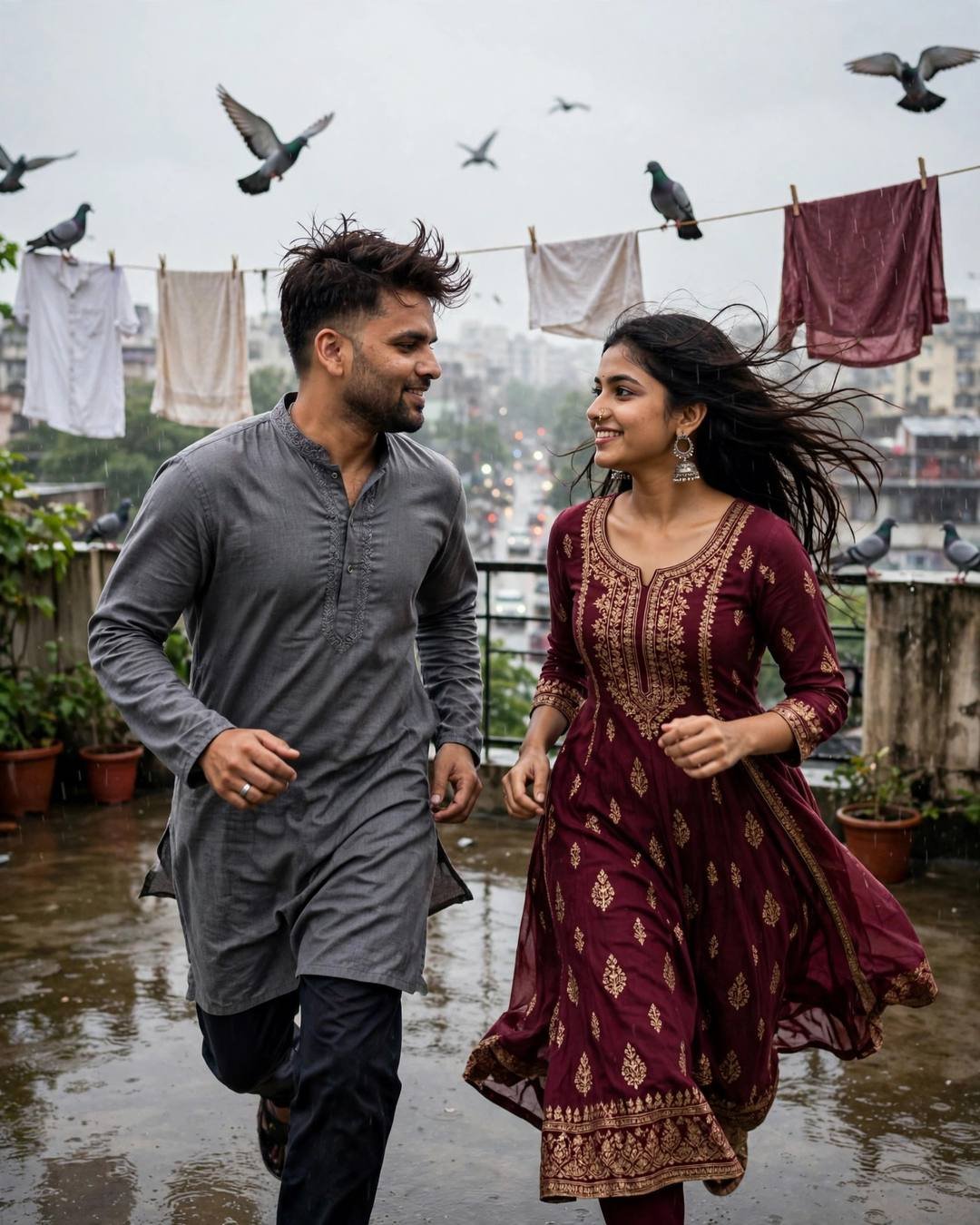 Man in grey kurta and woman in maroon anarkali with jhumkas running on a wet terrace with clothes lines and flying pigeons after rain