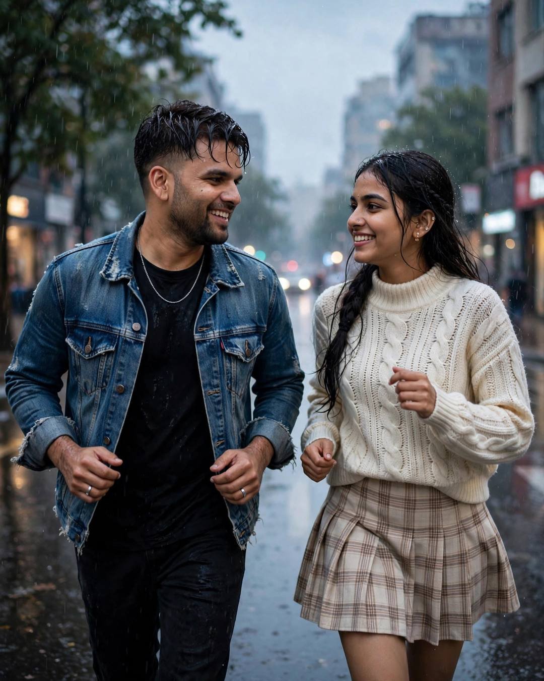 Man in distressed denim jacket and woman in cream knit top and plaid skirt laughing while running in rain on a city street
