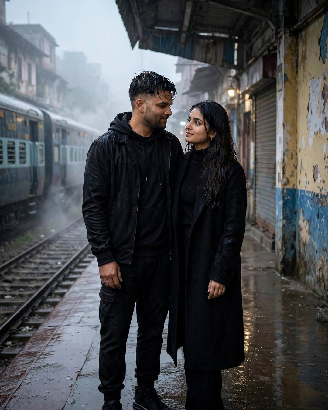 Couple in all-black outfits standing close on a foggy railway platform with a waiting train and peeling old-city walls