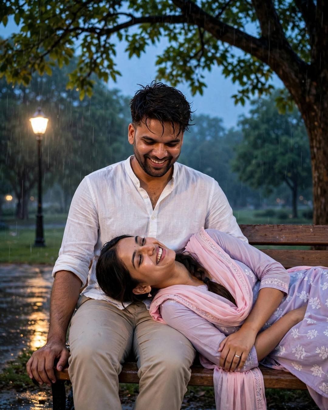 Couple laughing on a park bench under a tree and lone lamp at blue hour, man in white linen shirt and woman in pastel salwar-kameez with her head in his lap