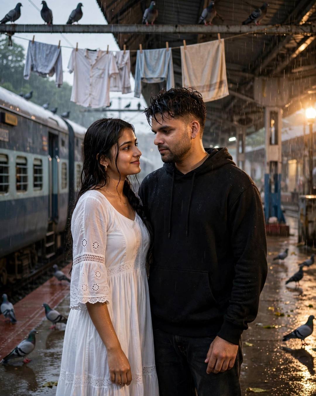 Couple standing close on a rainy railway platform with pigeons and drying clothes lines above, man in black hoodie and woman in flowing white summer dress