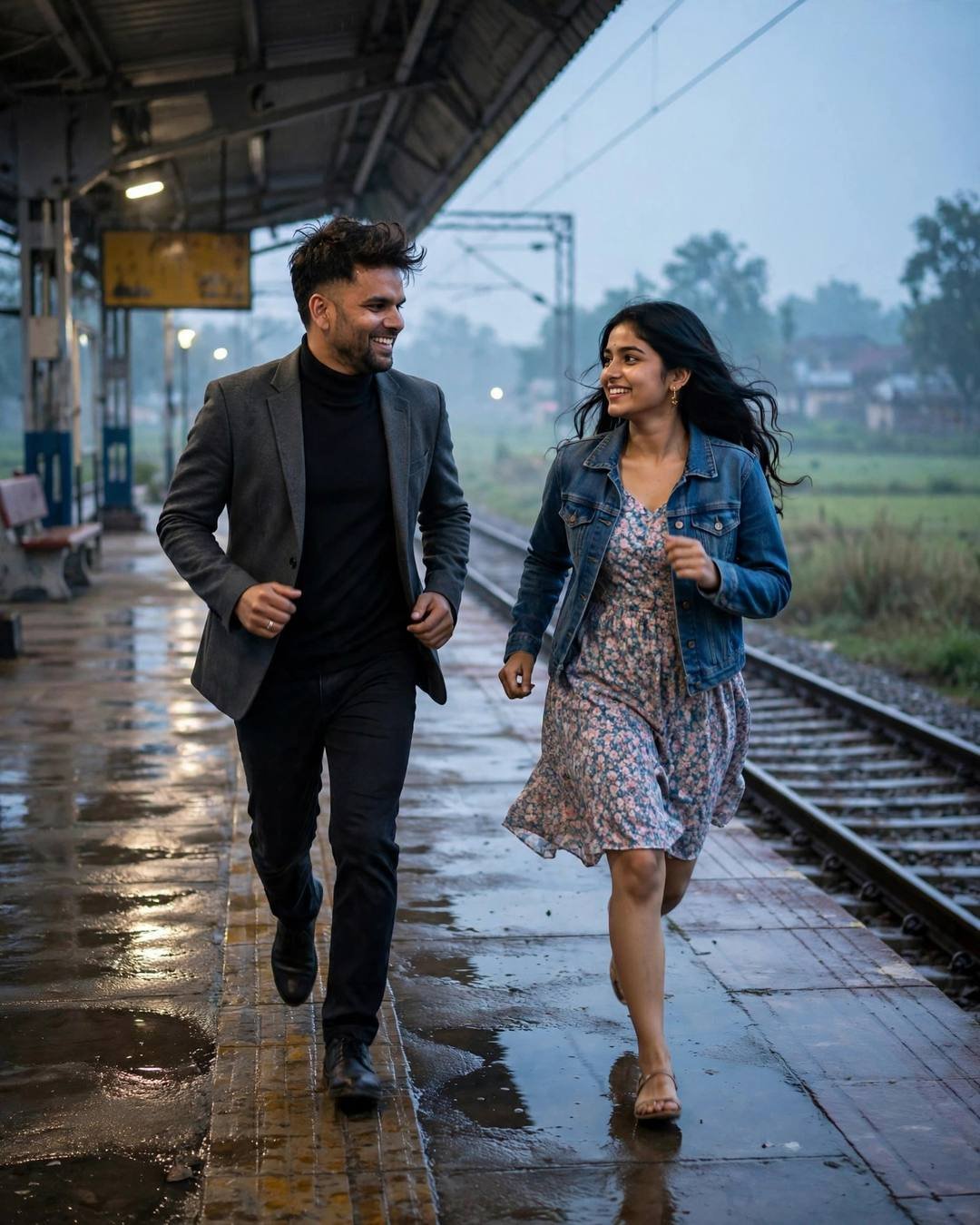 Smiling couple running together along a wet railway platform at dawn, man in charcoal blazer and black turtleneck and woman in denim jacket over floral dress