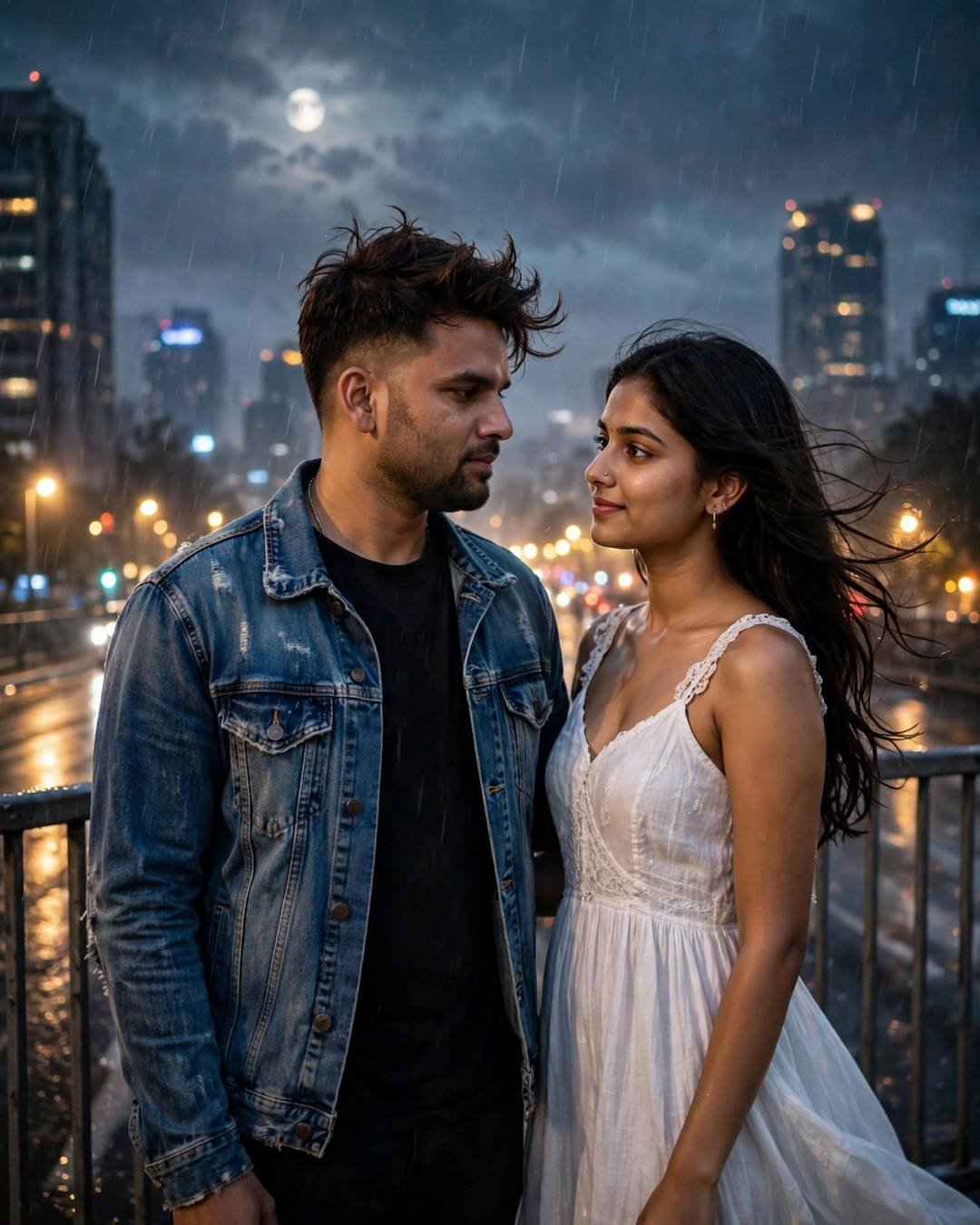 Him teaching her to ride a bicycle, — Cute Couple AI portrait, distressed denim jacket over black tee, windswept textured hair, at a bridge above a rain-soaked street at night