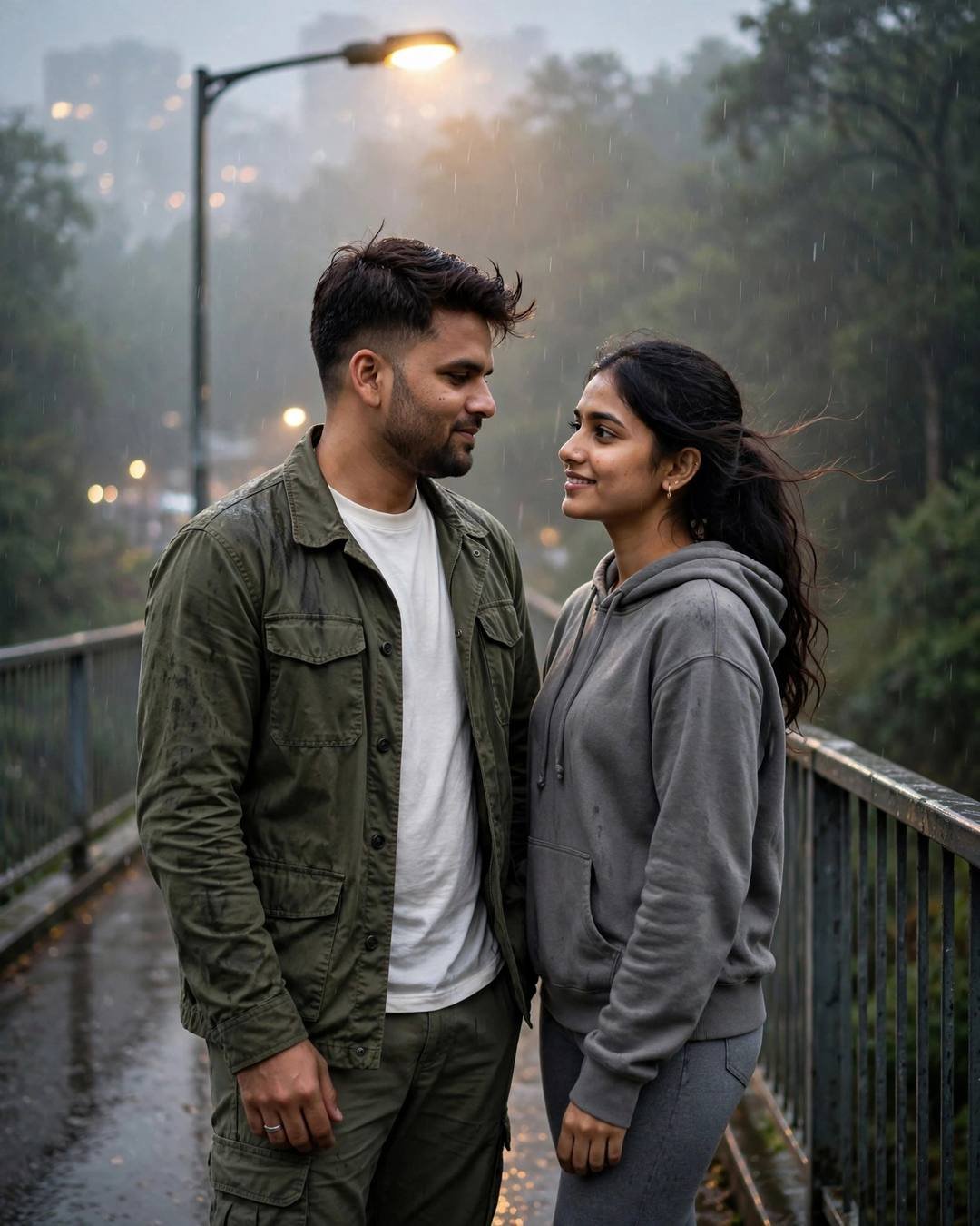 Wearing matching yellow raincoats and splashing through — Cute Couple AI portrait, olive field jacket, white tee, cargo pants, windswept textured hair, at a misty forest-path bridge at dawn