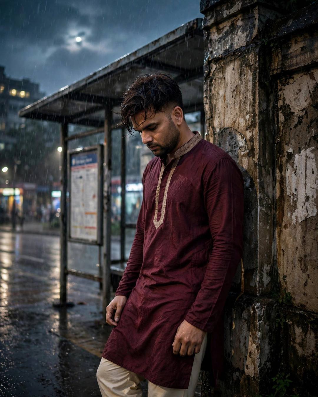 A train's window light strobing rhythmically across — Dark Cinematic portrait, maroon kurta with cream churidar, cinematic mood photography