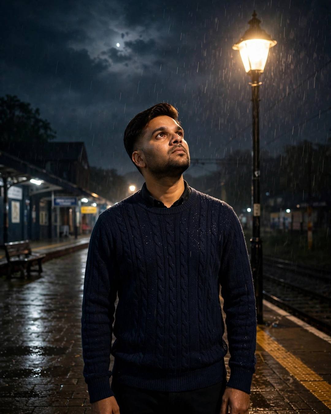 Half his face lit by a passing — Dark Cinematic portrait, navy sweater over collared shirt, cinematic mood photography