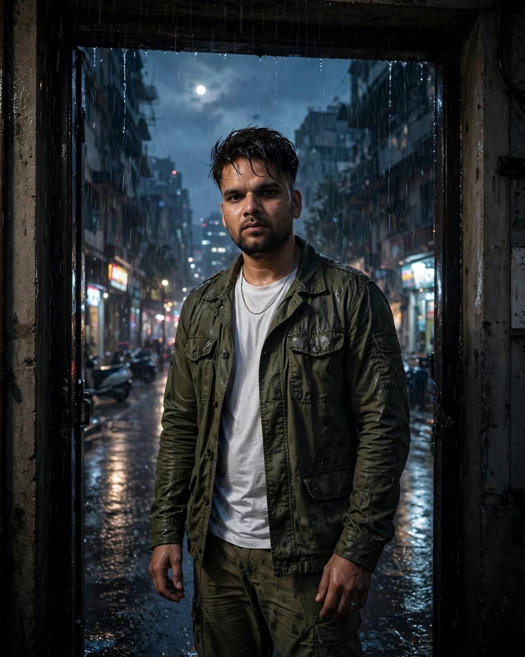 Watching his grandfather's empty armchair rock gently — Emotional Boy AI portrait, olive field jacket, white tee, cargo pants, damp rain-wet hair, at a rain-soaked street doorway at night