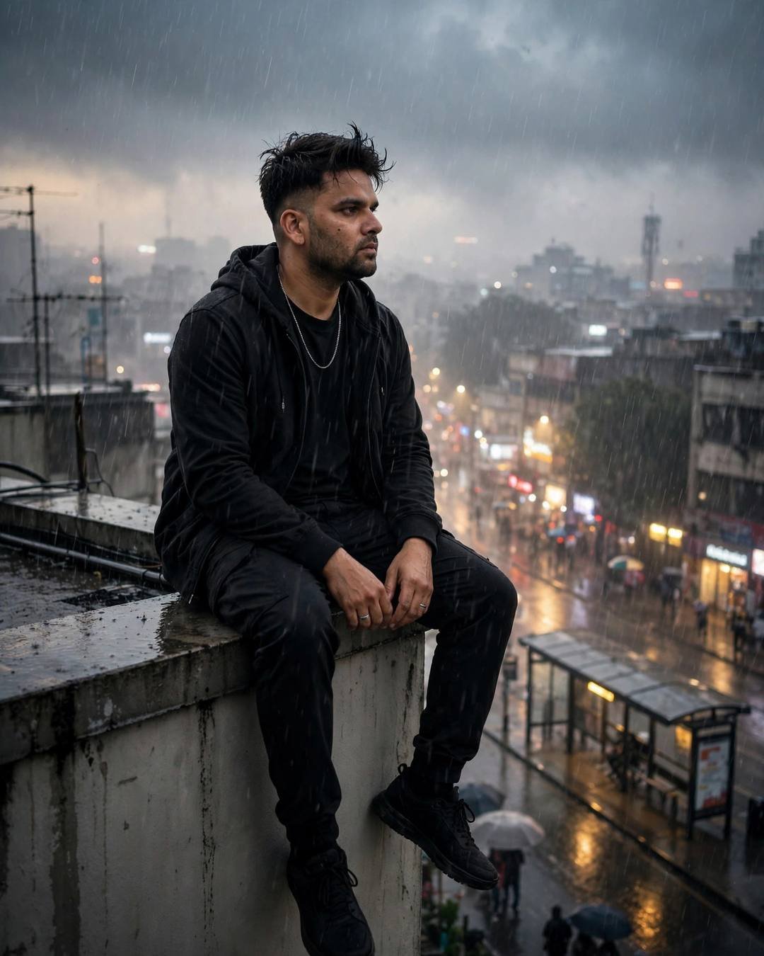 Smiling as his teacher pats his shoulder — Emotional Boy AI portrait, all-black streetwear with sneakers, slightly messy morning hair, at a rooftop ledge above a rainy bus stop
