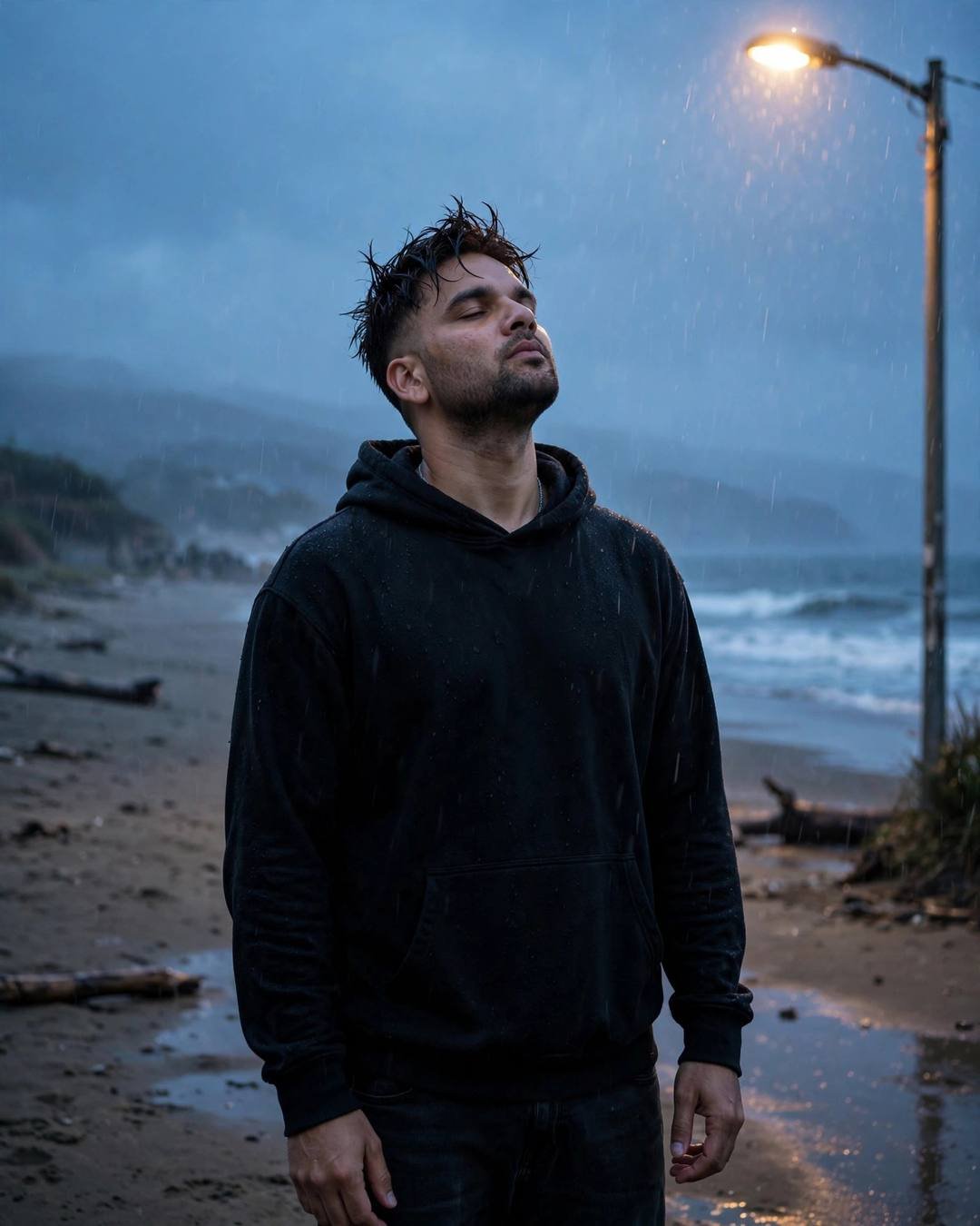 Clutching his mother's old letter on a — Emotional Boy AI portrait, black oversized hoodie and dark jeans, towel-dried tousled hair, at a deserted beach under a streetlamp in light rain