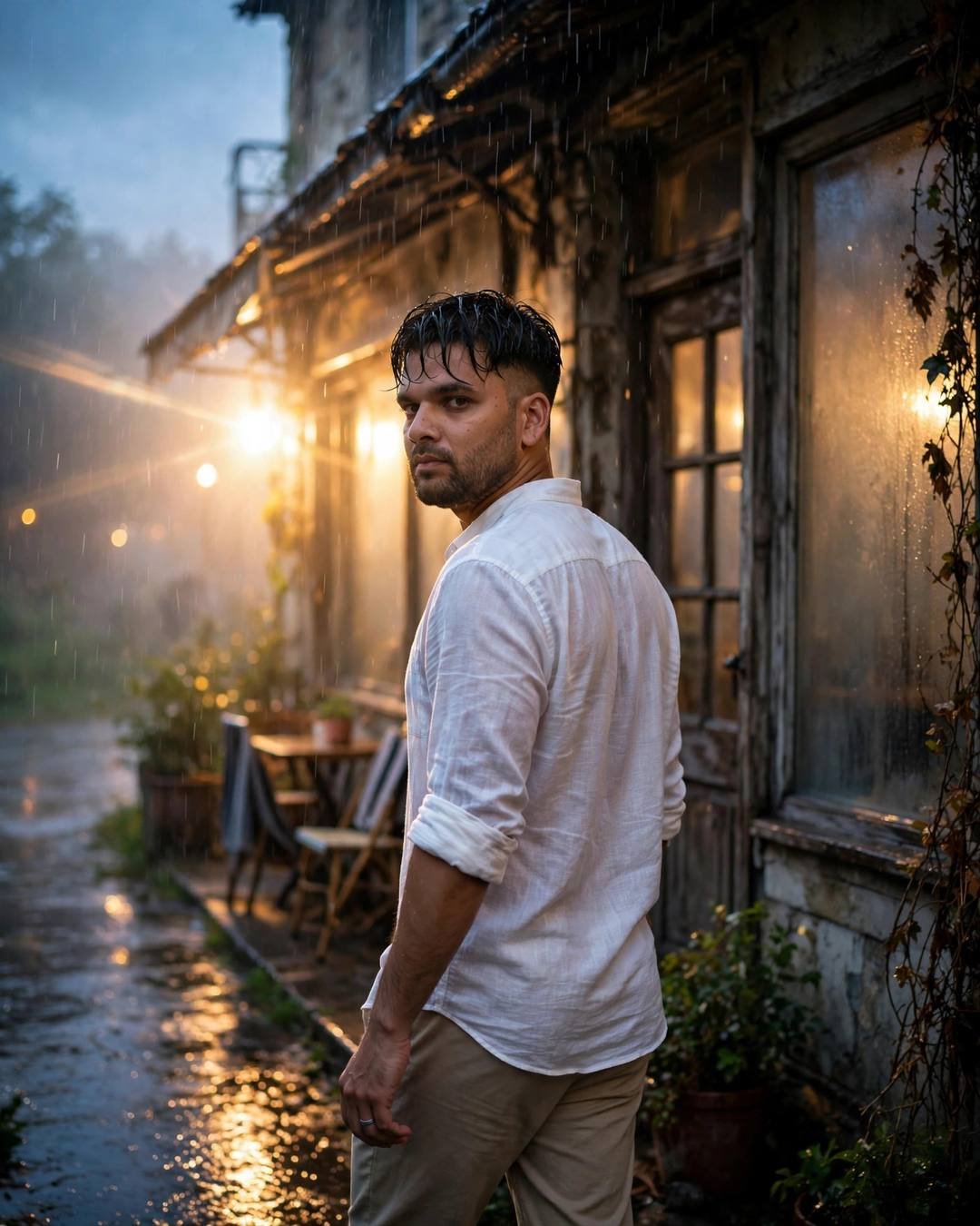Whispering sorry to an empty chair — Emotional Boy AI portrait, white linen shirt with rolled sleeves, beige trousers, damp rain-wet hair, at the path outside an old cafe with fogged windows