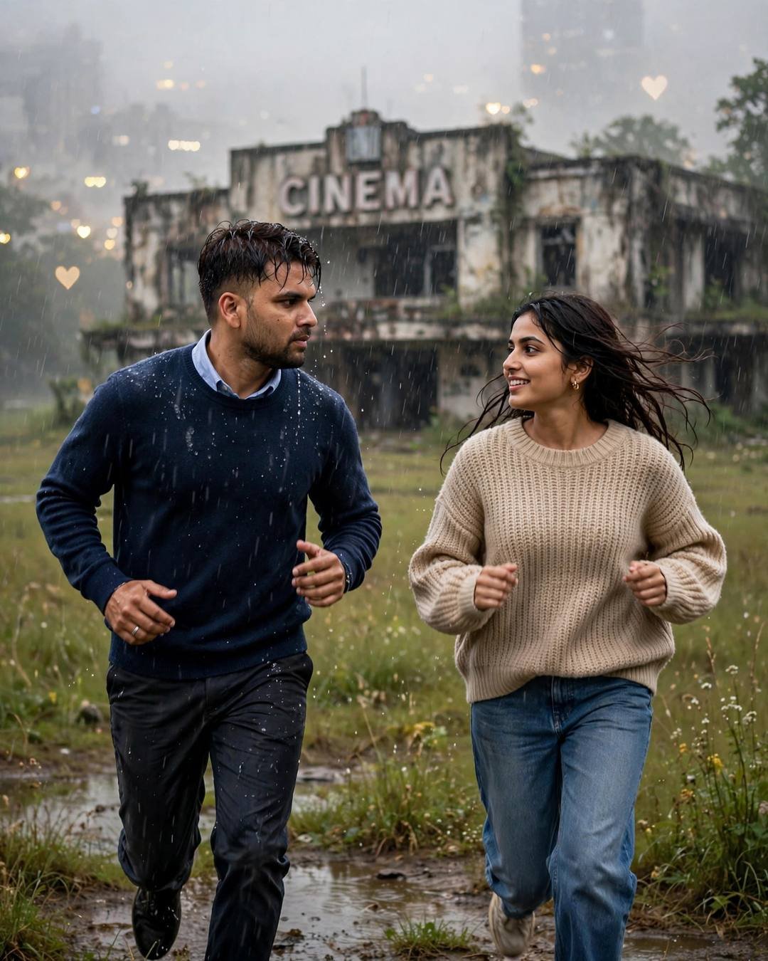 Planting a tree together in their new — Emotional Couple AI portrait, navy sweater over collared shirt, damp rain-wet hair, at a field before an abandoned cinema hall