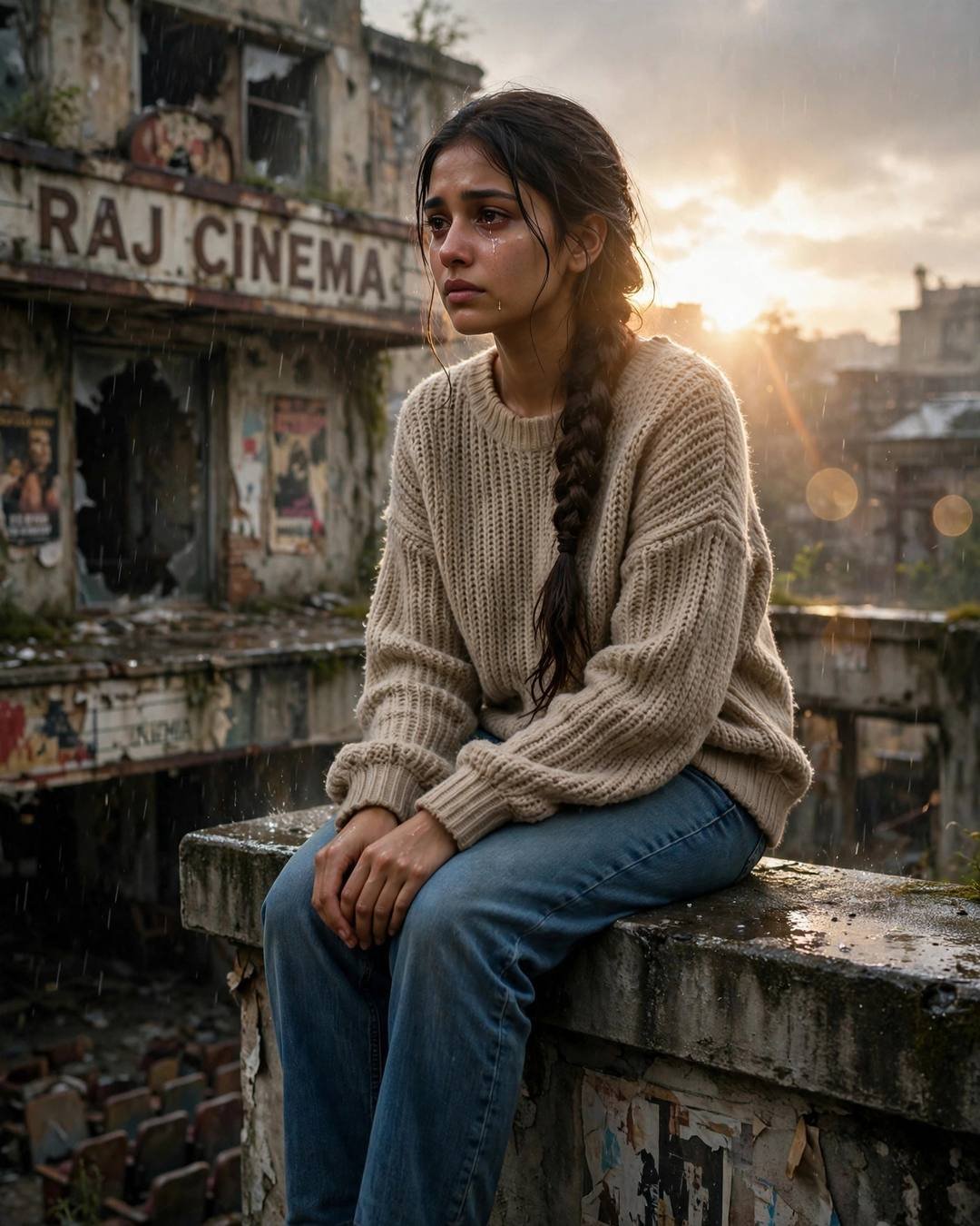Feeding street dogs in the monsoon rain, — Emotional Girl AI portrait, oversized beige sweater and jeans, long braid over one shoulder, at a ledge before an abandoned cinema hall