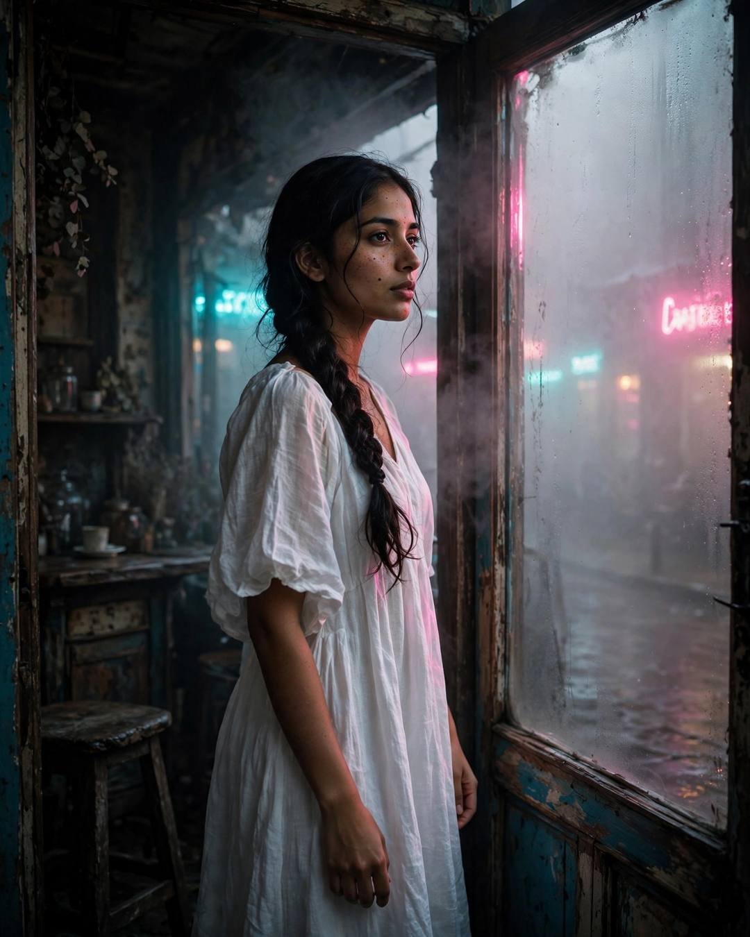 Pressed flowers from a forgotten bouquet — Emotional Memories cinematic AI photo, flowing white summer dress, long braid over one shoulder, standing in a doorway, half in shadow at old cafe by a fogged window; dense fog, dawn with neon pink and cyan spill