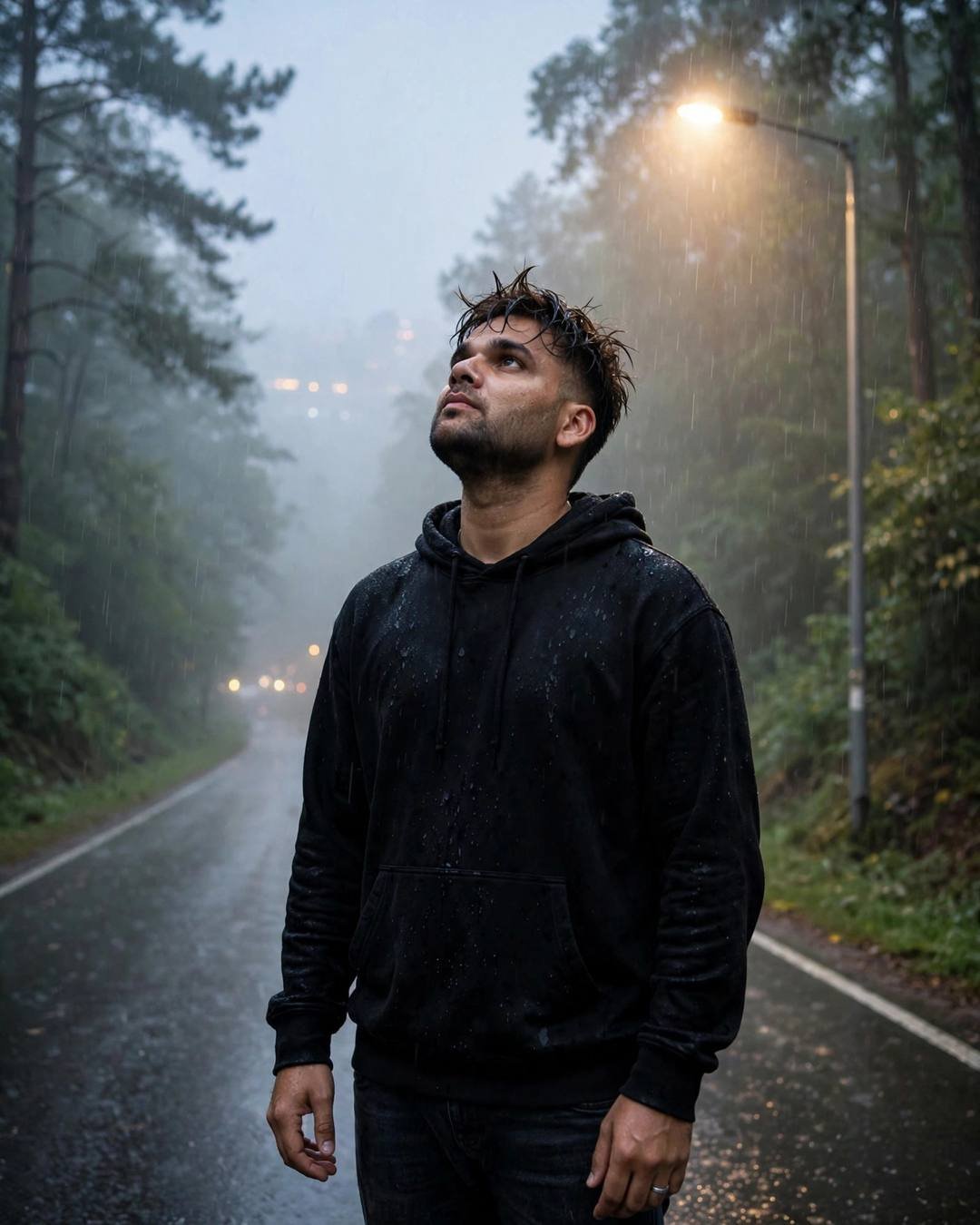 Kicking small stones at a lonely crossroads — Empty Road portrait, black oversized hoodie and dark jeans, cinematic mood photography