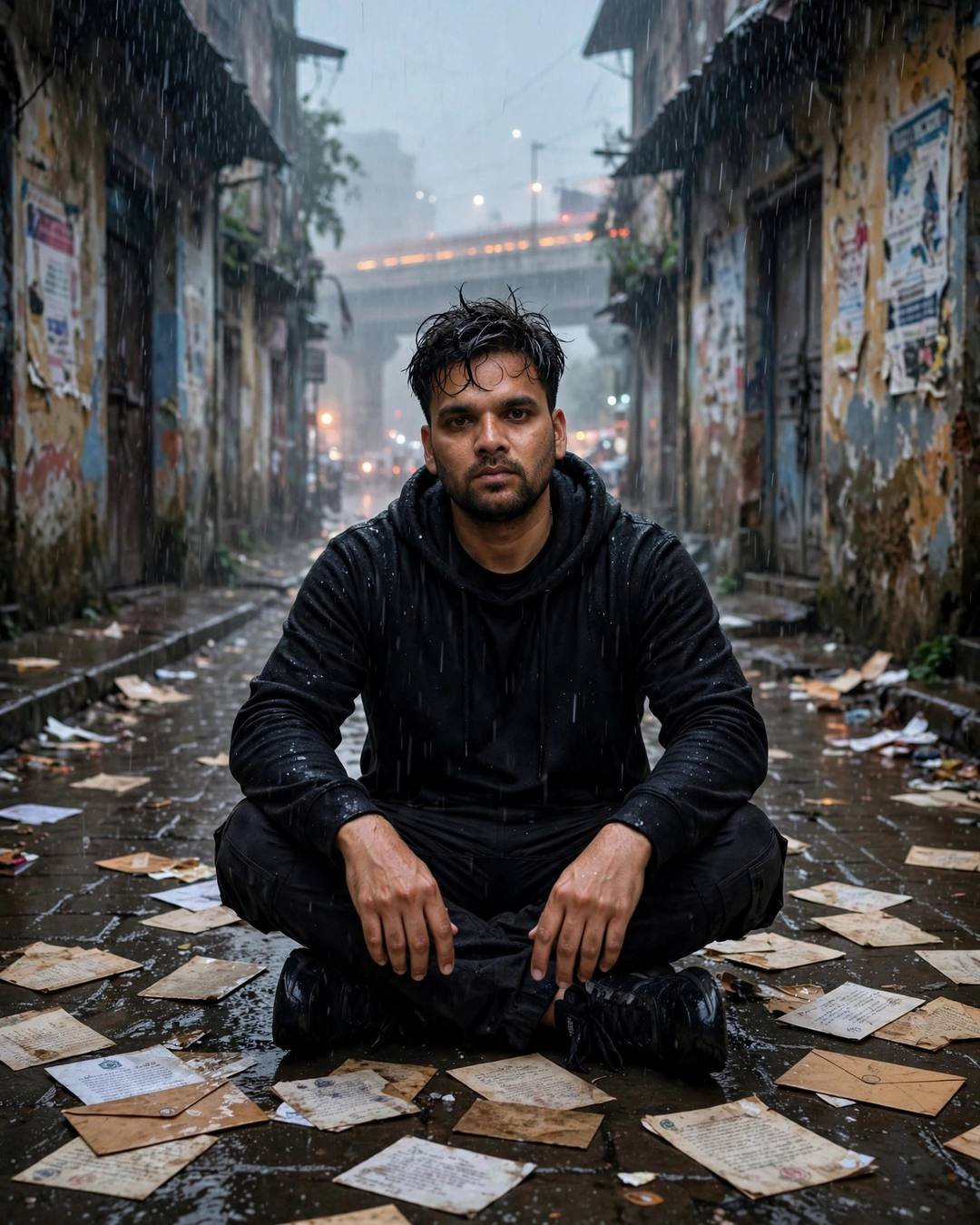 A single crow watching from a wire — Empty Road portrait, all-black streetwear with sneakers, cinematic mood photography