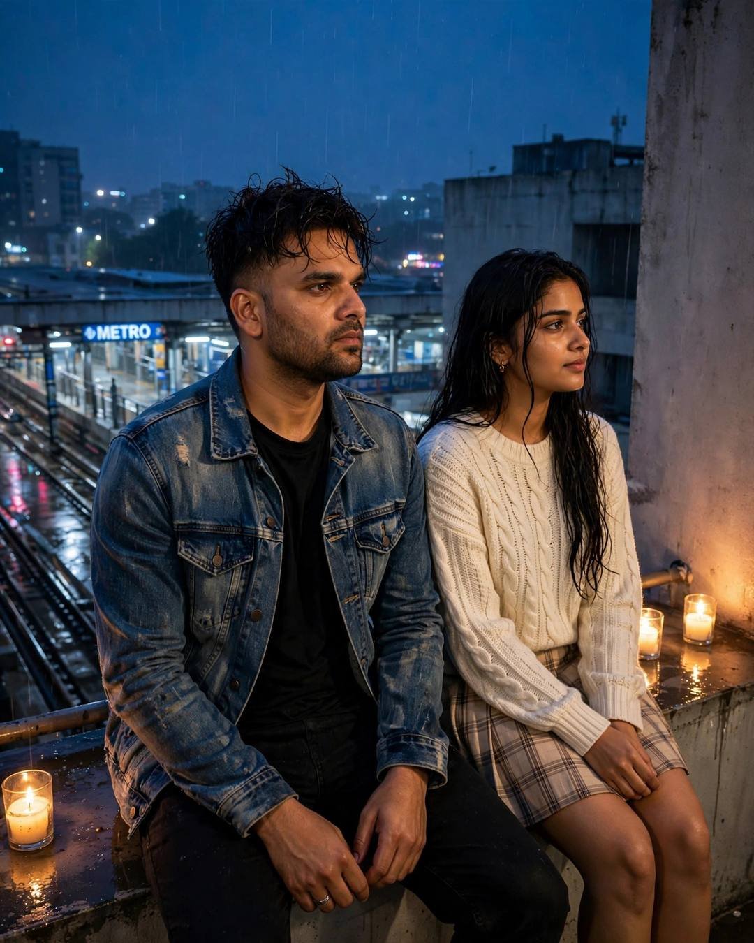 Watching fierce kite battles from opposite terraces — First Love cinematic AI photo, distressed denim jacket over black tee, towel-dried tousled hair, sitting on a rooftop, backs against the wall, sharing silence at midnight metro station; post-rain wet streets, blue hour with candlelight warmth in darkness