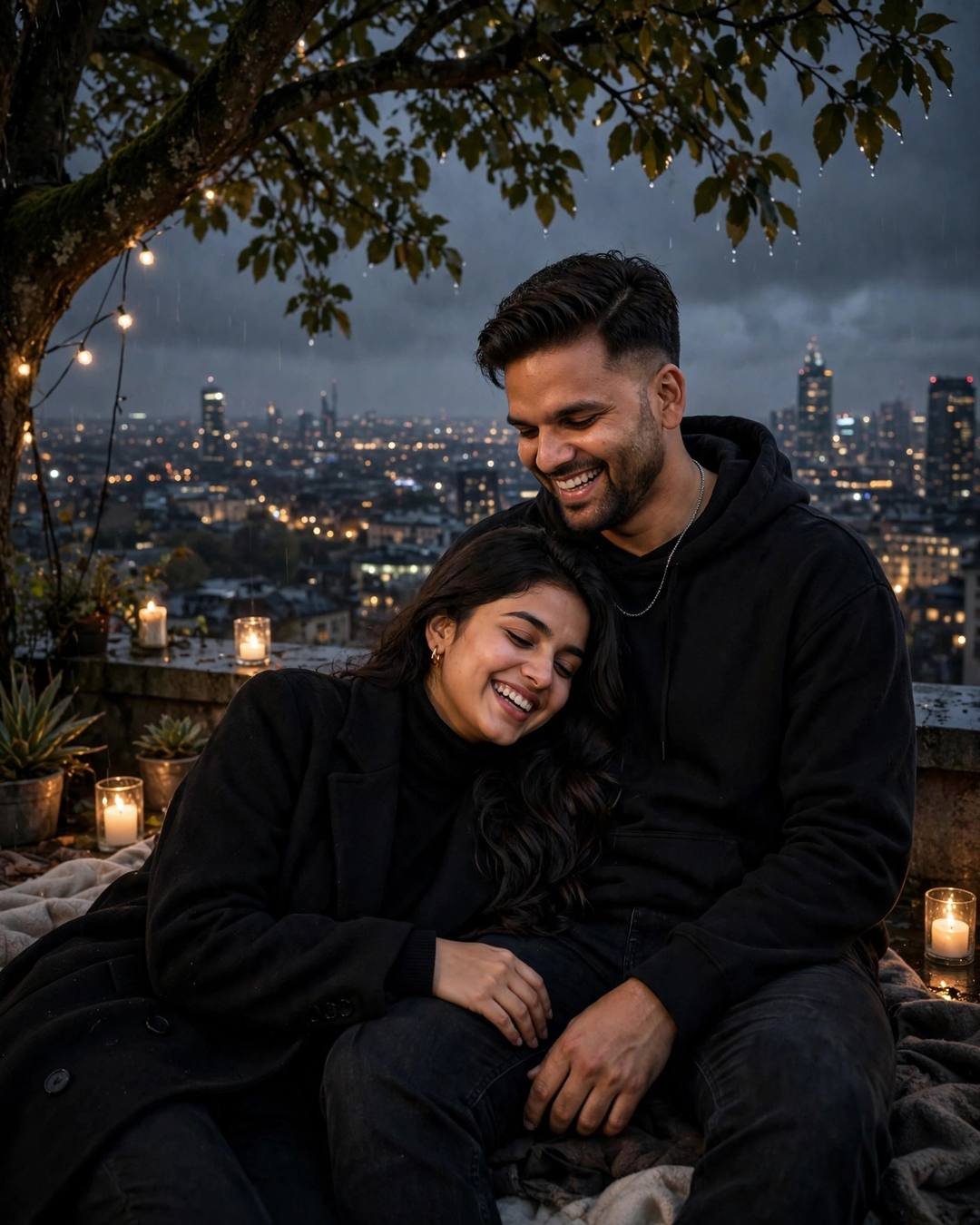 Sharing one set of exam notes on — First Love cinematic AI photo, black oversized hoodie and dark jeans, neatly combed side part, sitting under a tree, her head in his lap, both laughing softly at rooftop overlooking sleeping city lights; overcast gloom, midnight with candlelight warmth in darkness